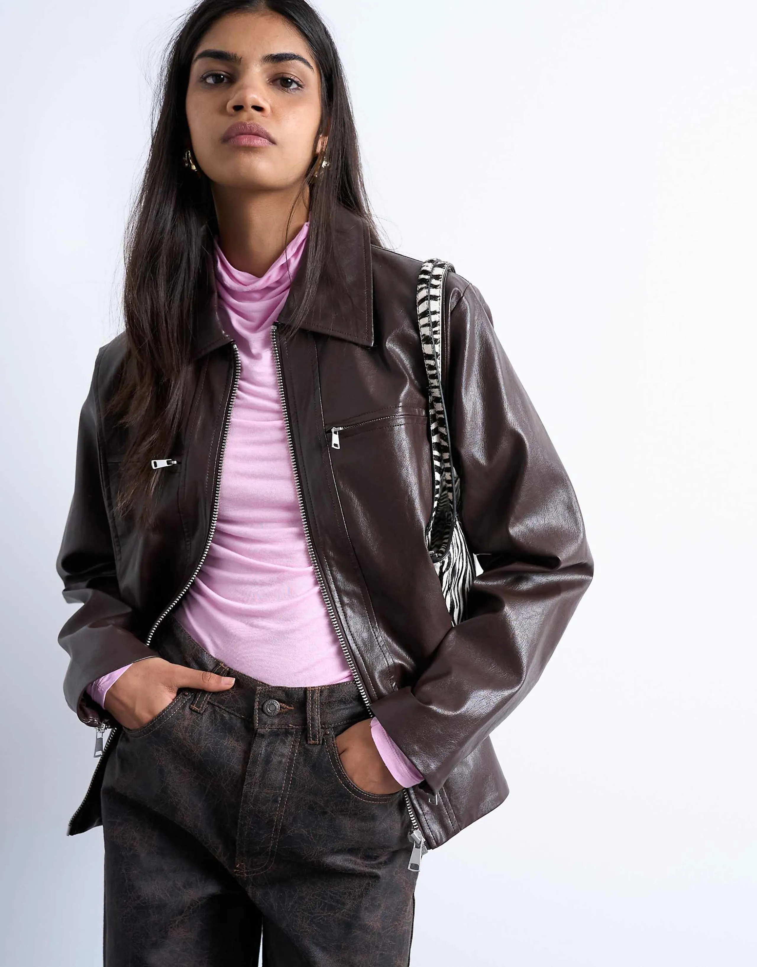 Topshop faux leather clean zip up jacket in deep burgundy