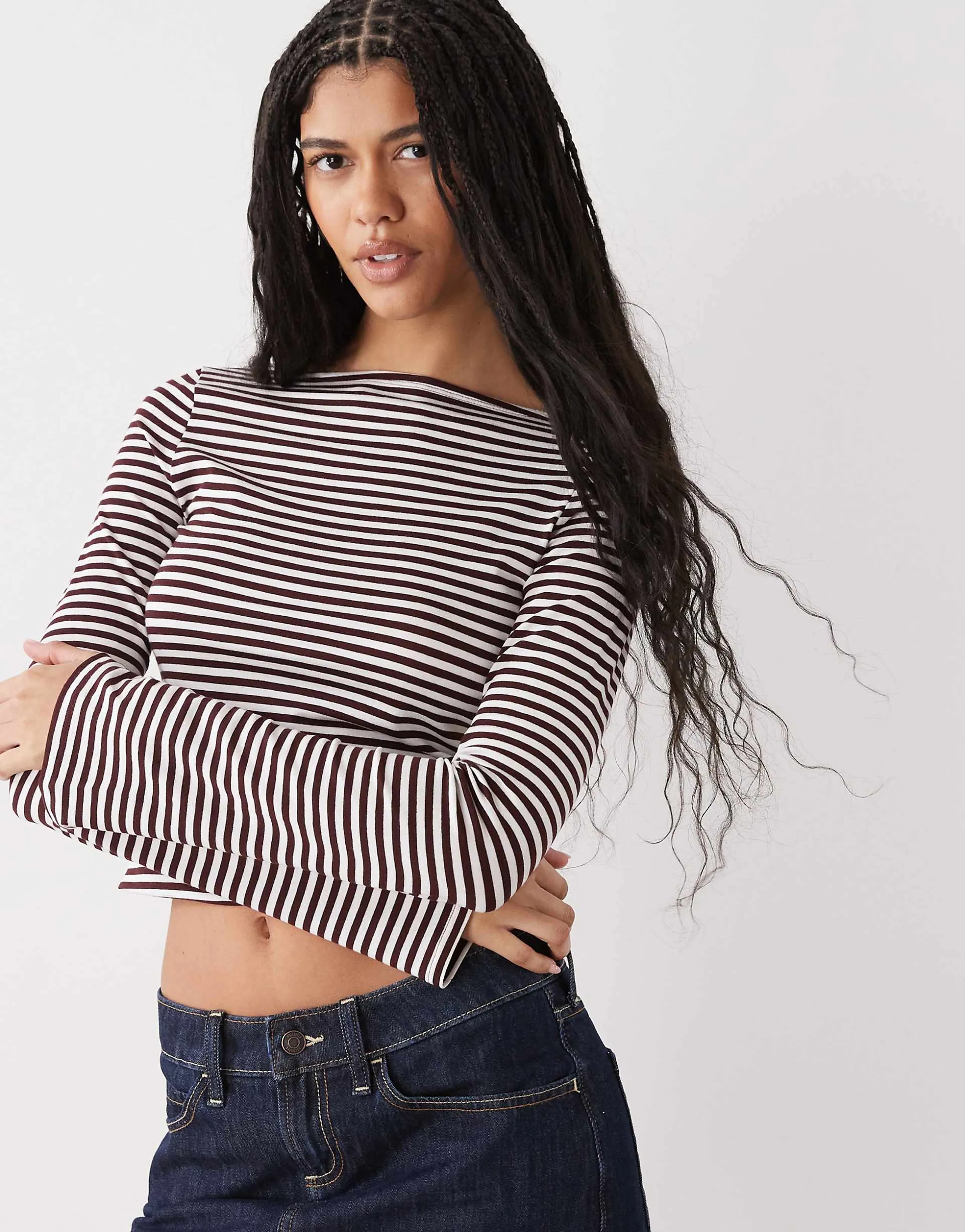Weekday Annie soft boat neck long sleeve top in burgundy stripe - Exclusive to ASOS