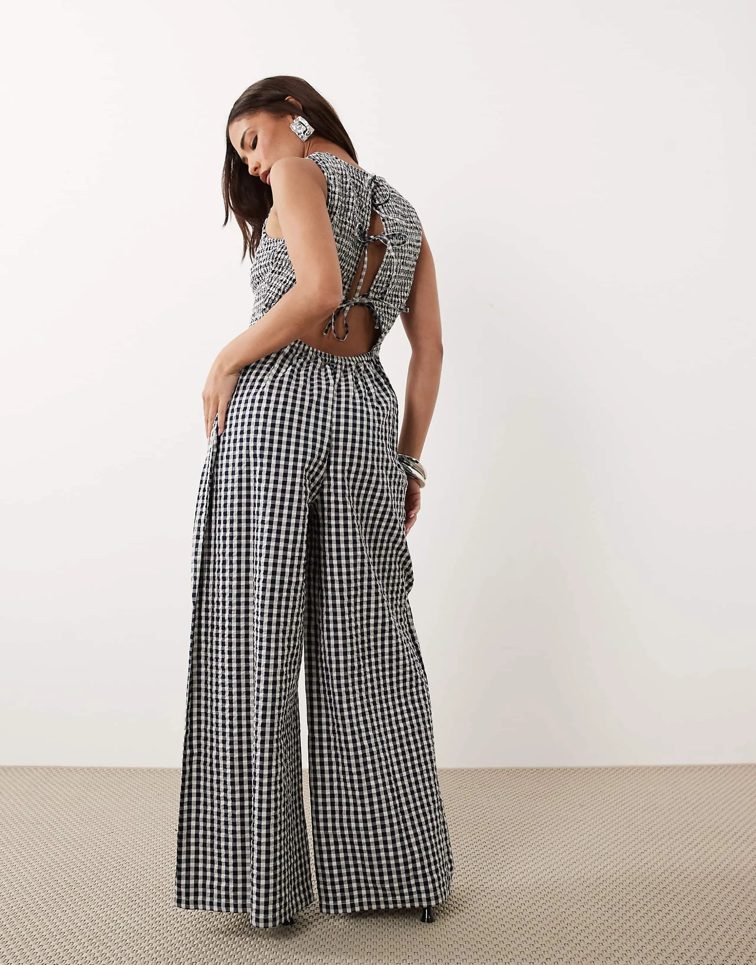 Nobody's Child Petite Ruth cotton shirred bodice open back jumpsuit in black gingham