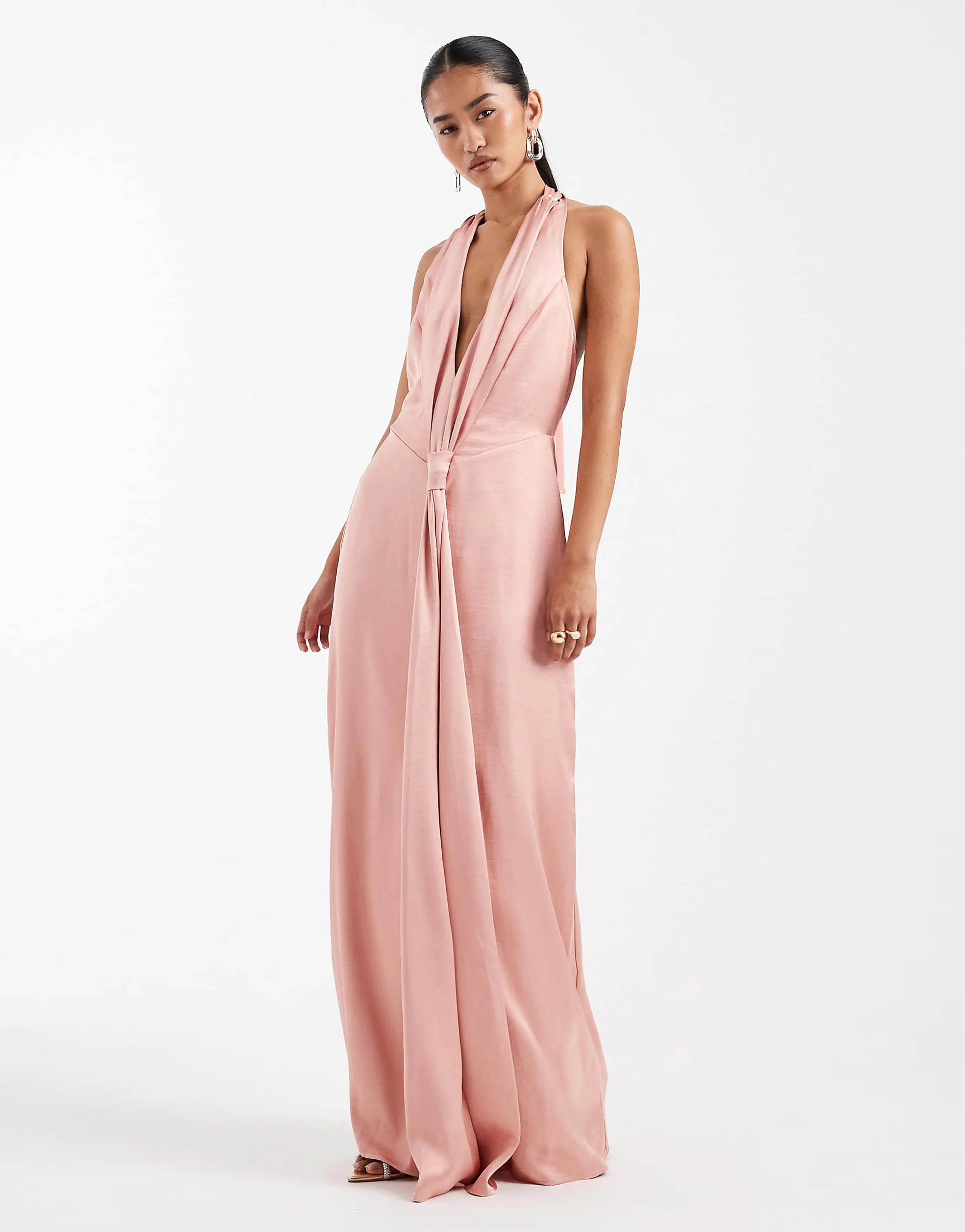 TFNC Bridesmaid satin plunge halterneck tassel detail maxi dress in pink