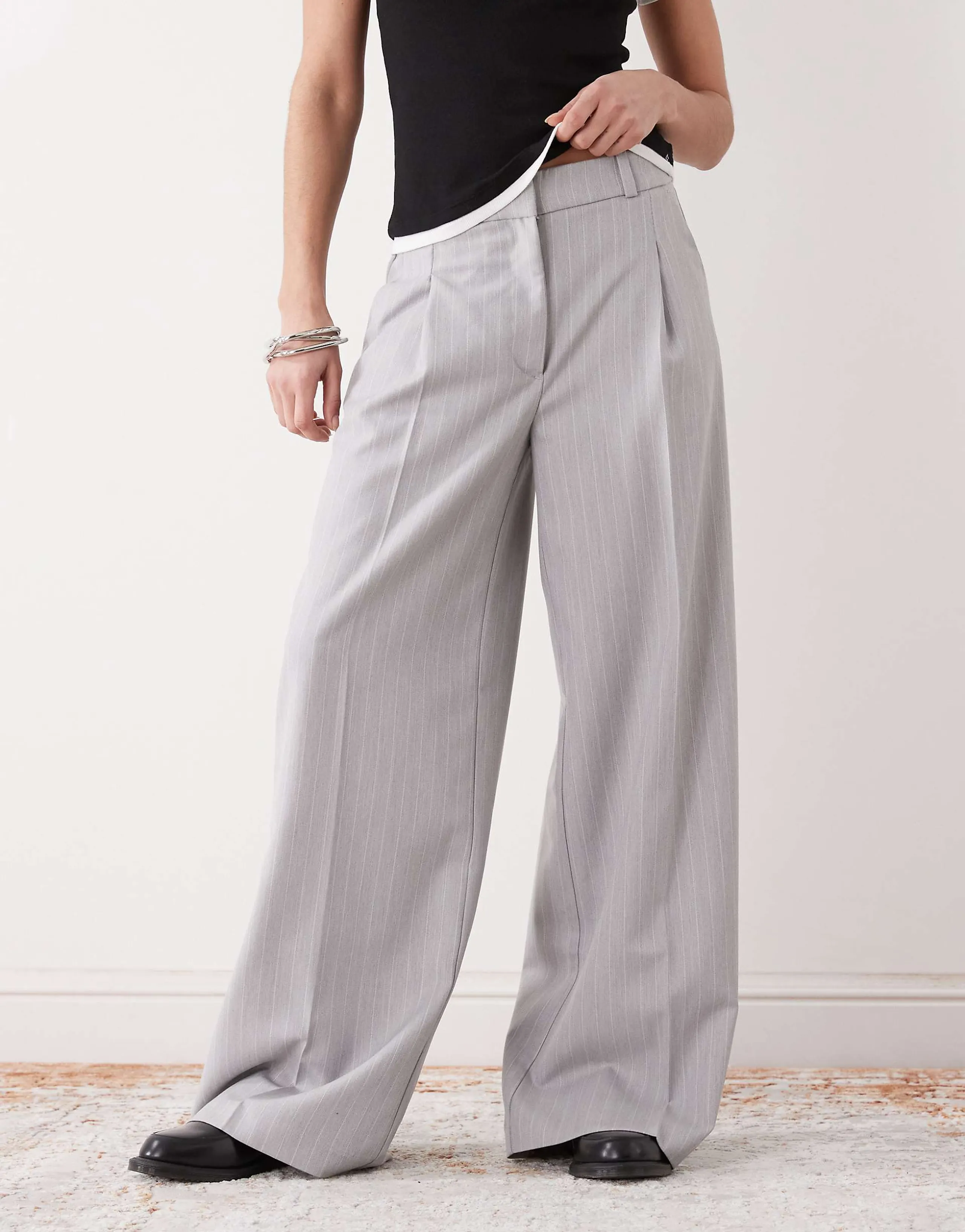 Monki high waist wide leg pants with front pleats in gray pinstripes
