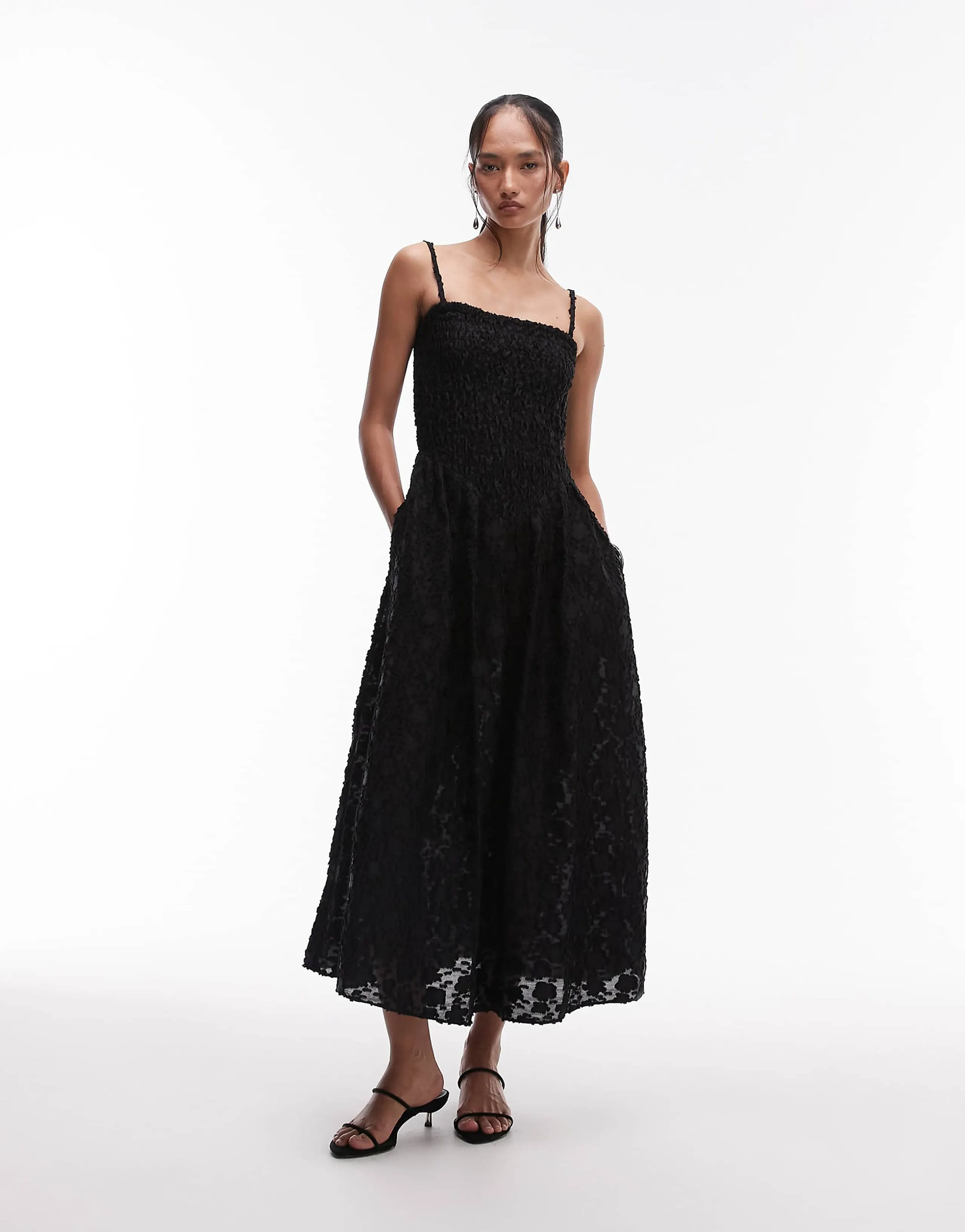 & Other Stories 3D floral midi dress with V-drop waist in black