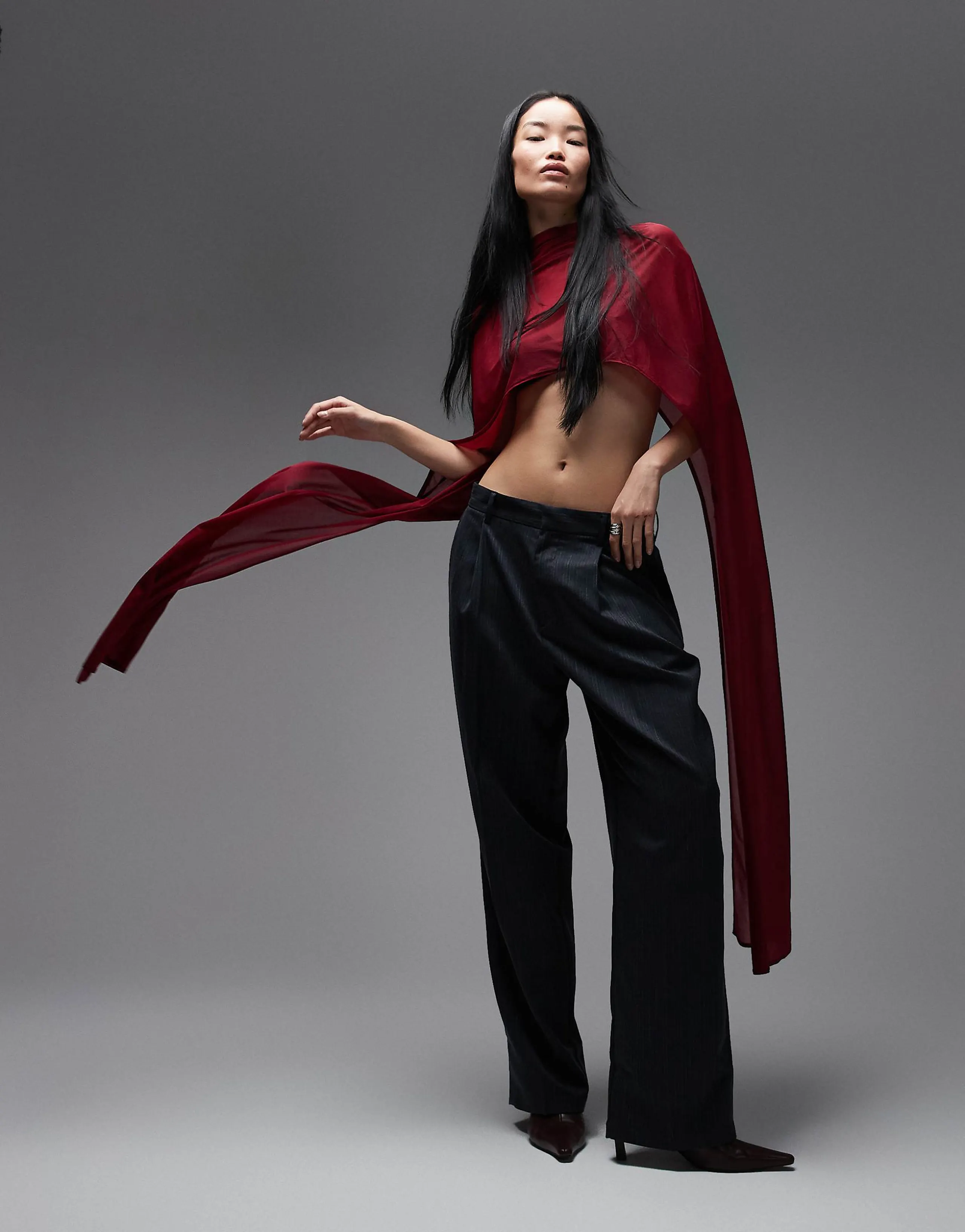 ASOS DESIGN floor length mesh cape top in burgundy