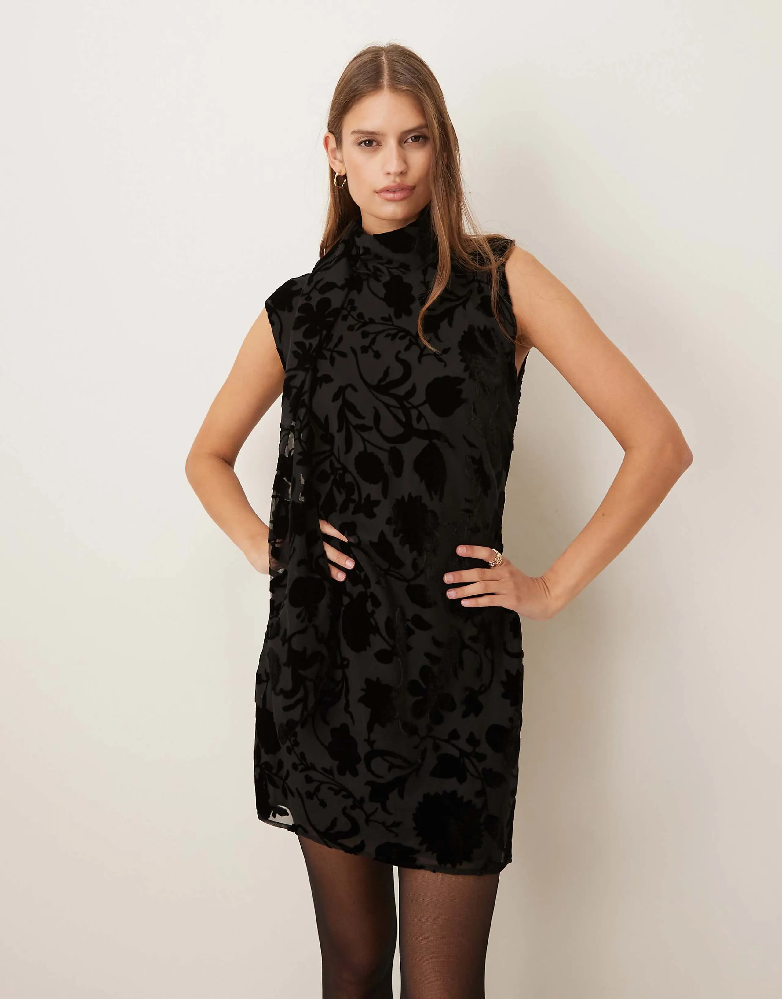 Mango high neck sleeveless mini dress with jacquard floral detail in black