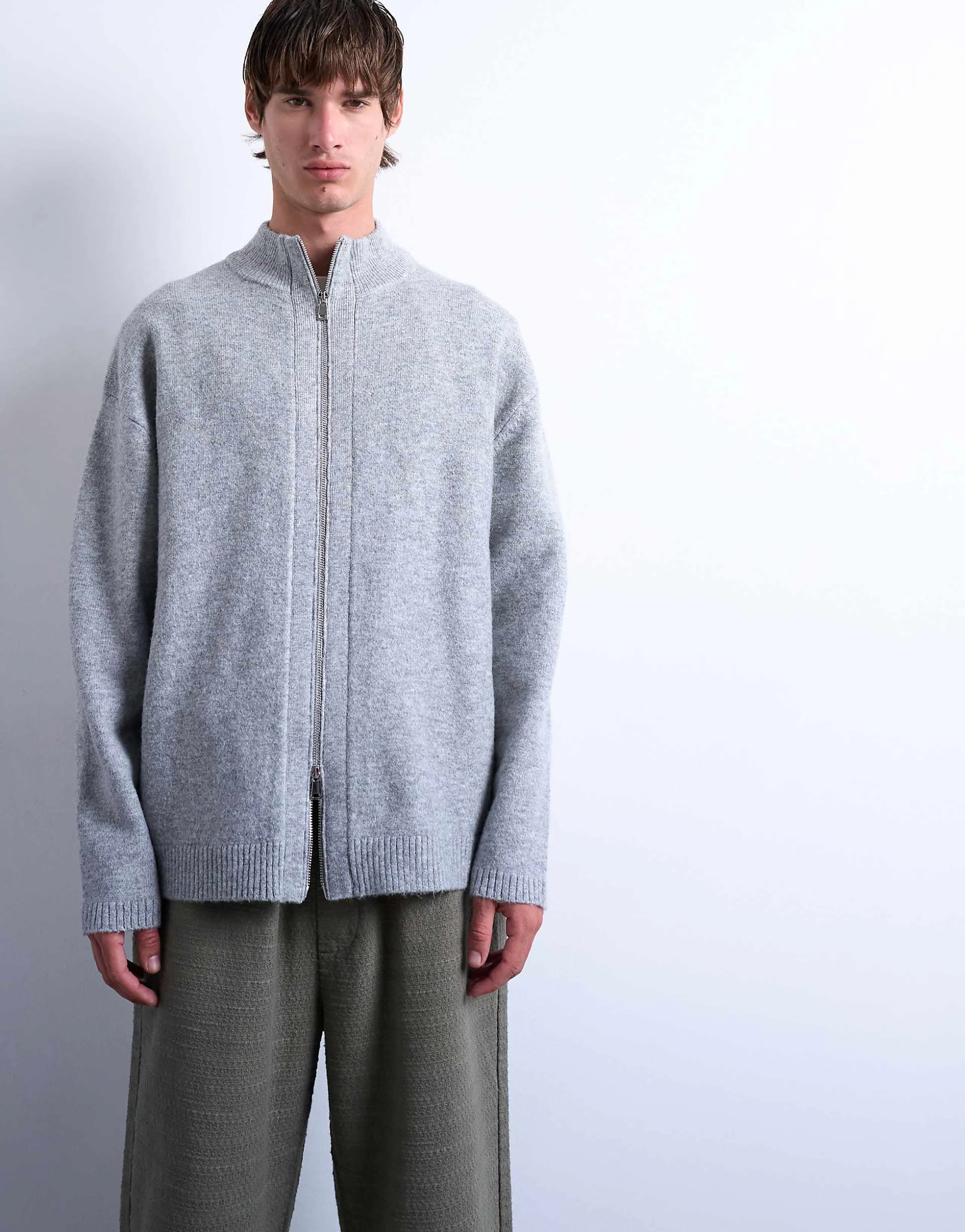 Topman double zip funnel neck cardigan in gray