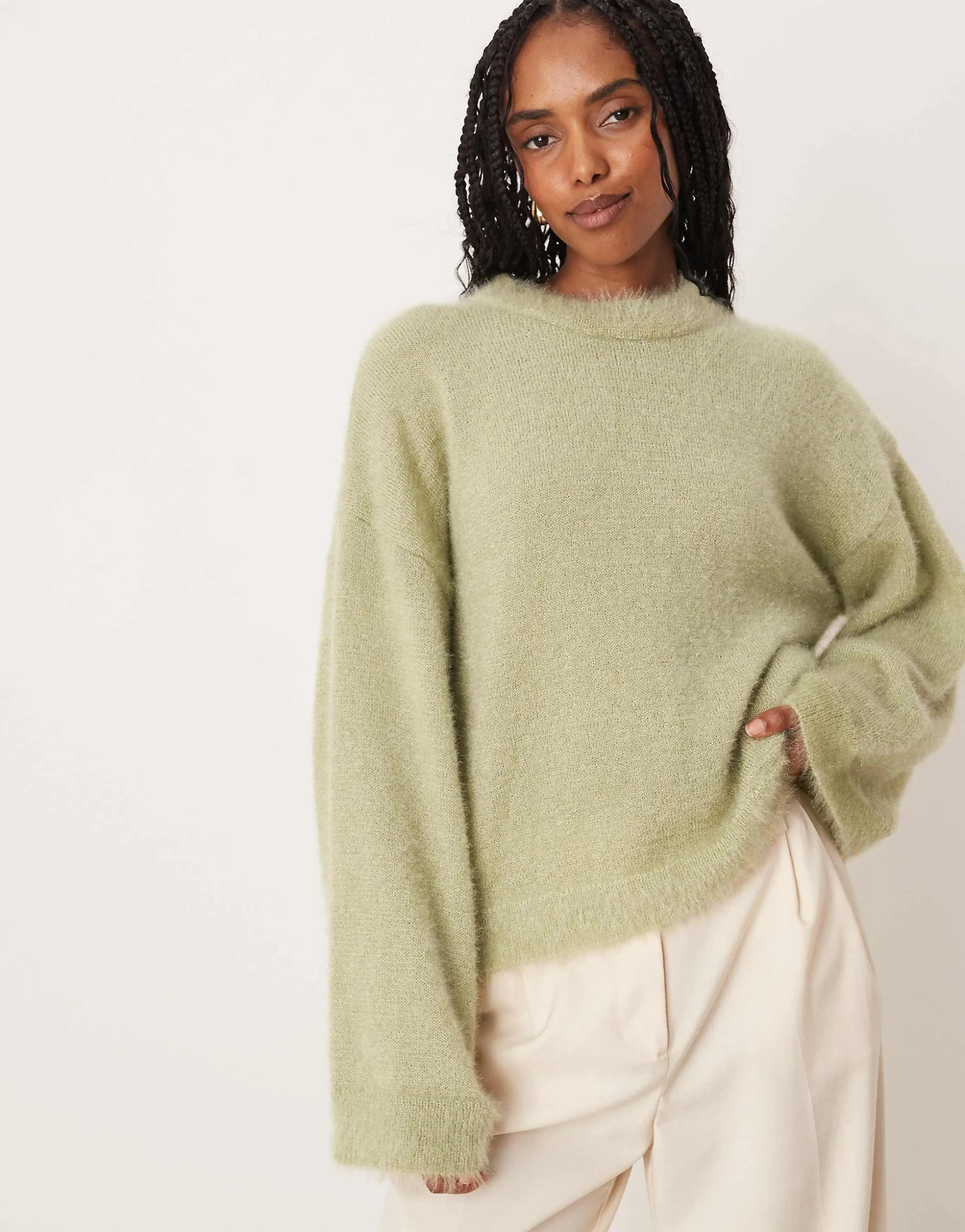 ASOS DESIGN fluffy wide sleeve knit sweater in green