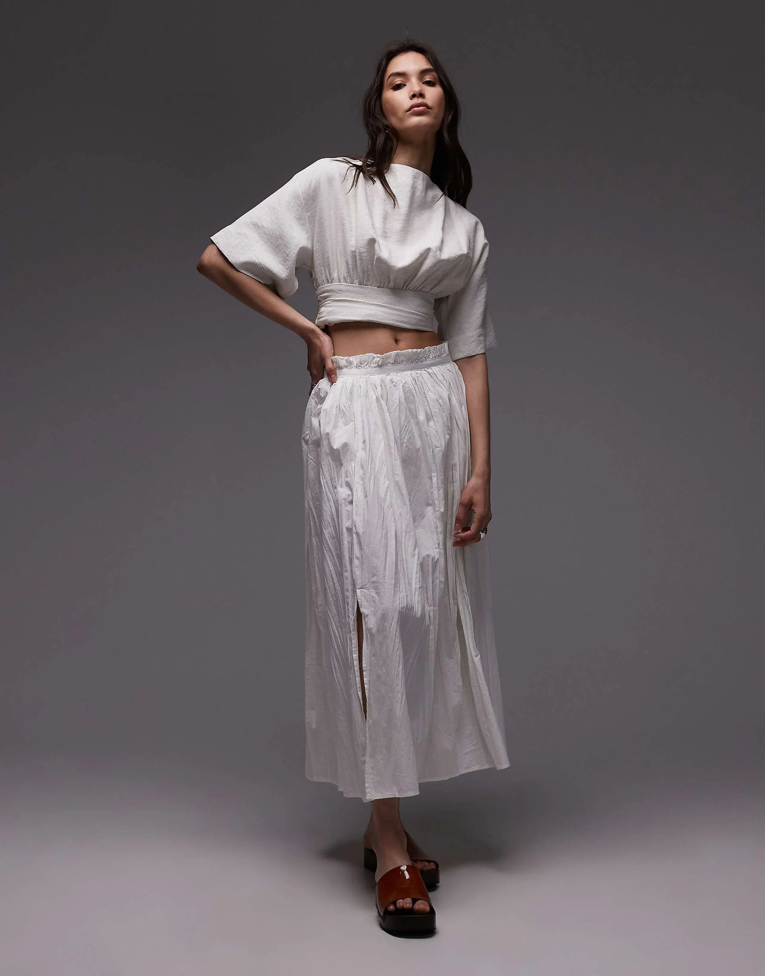 Topshop crinkle cotton laundered full skirt in ivory