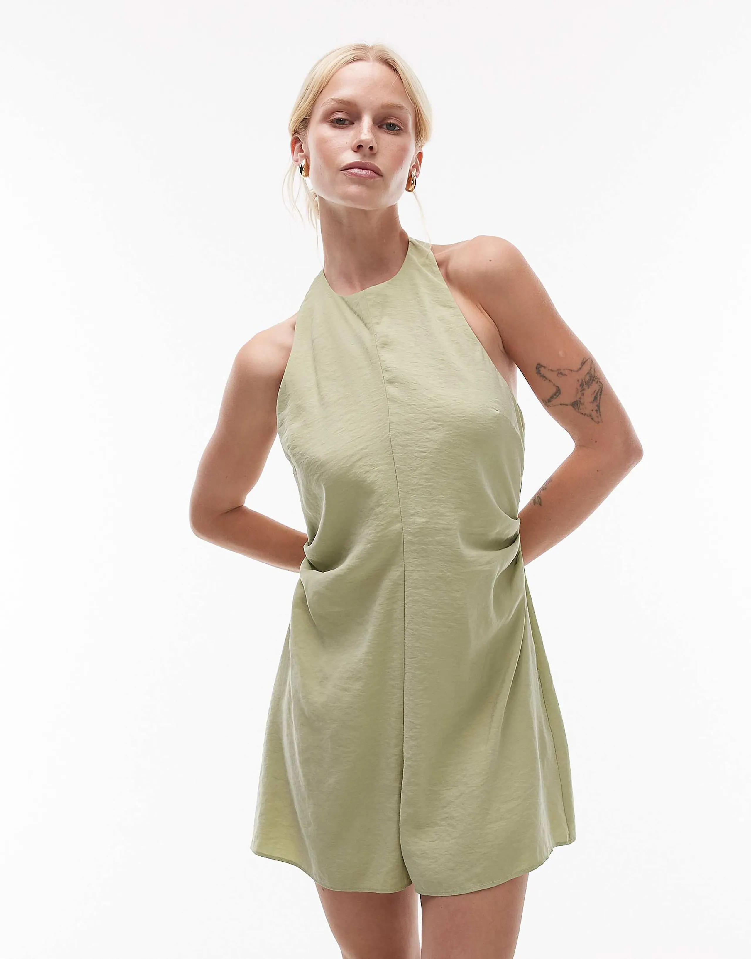 Topshop halterneck romper in cupro olive
