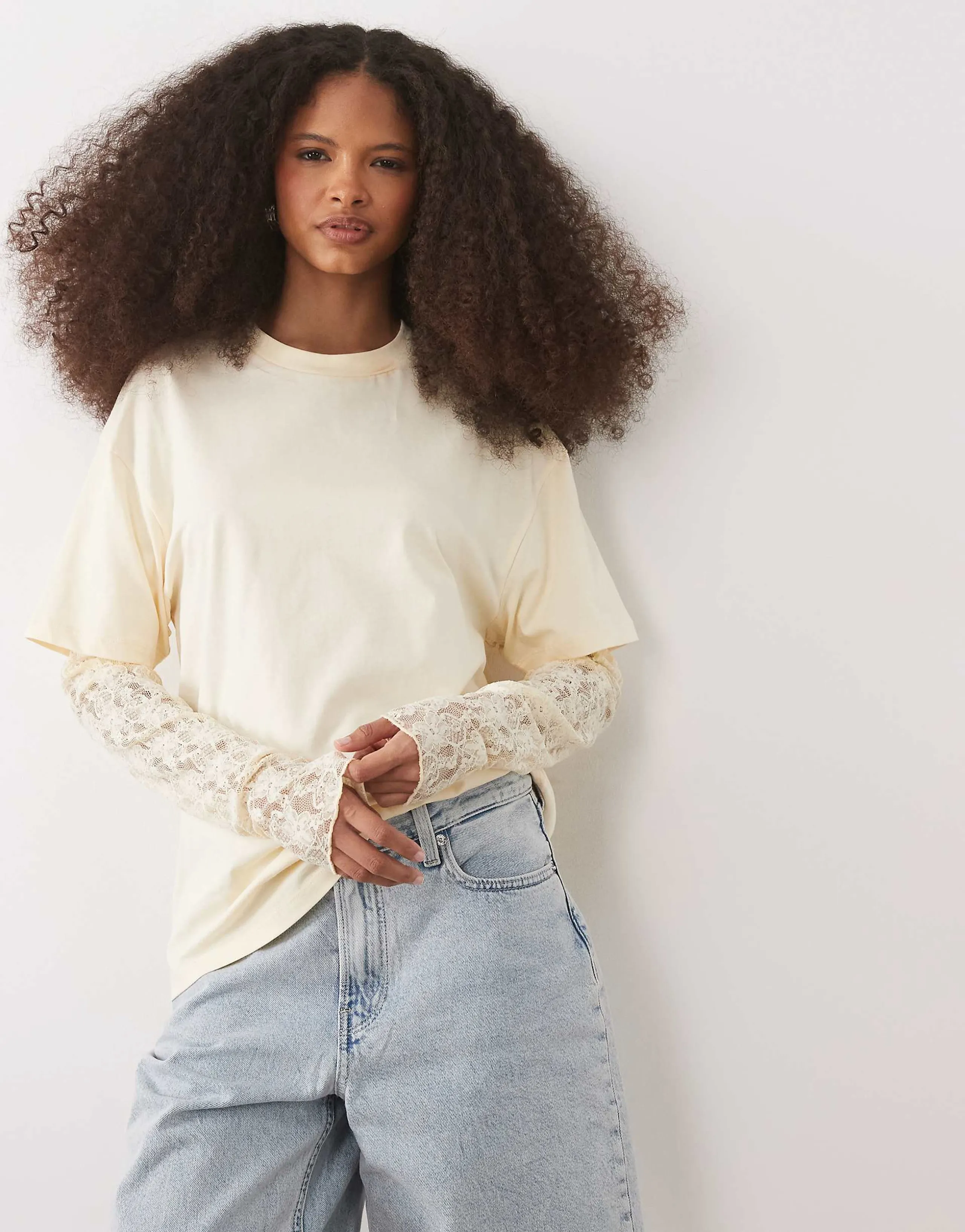 Miss Selfridge oversized T-shirt with lace sleeve in butter yellow