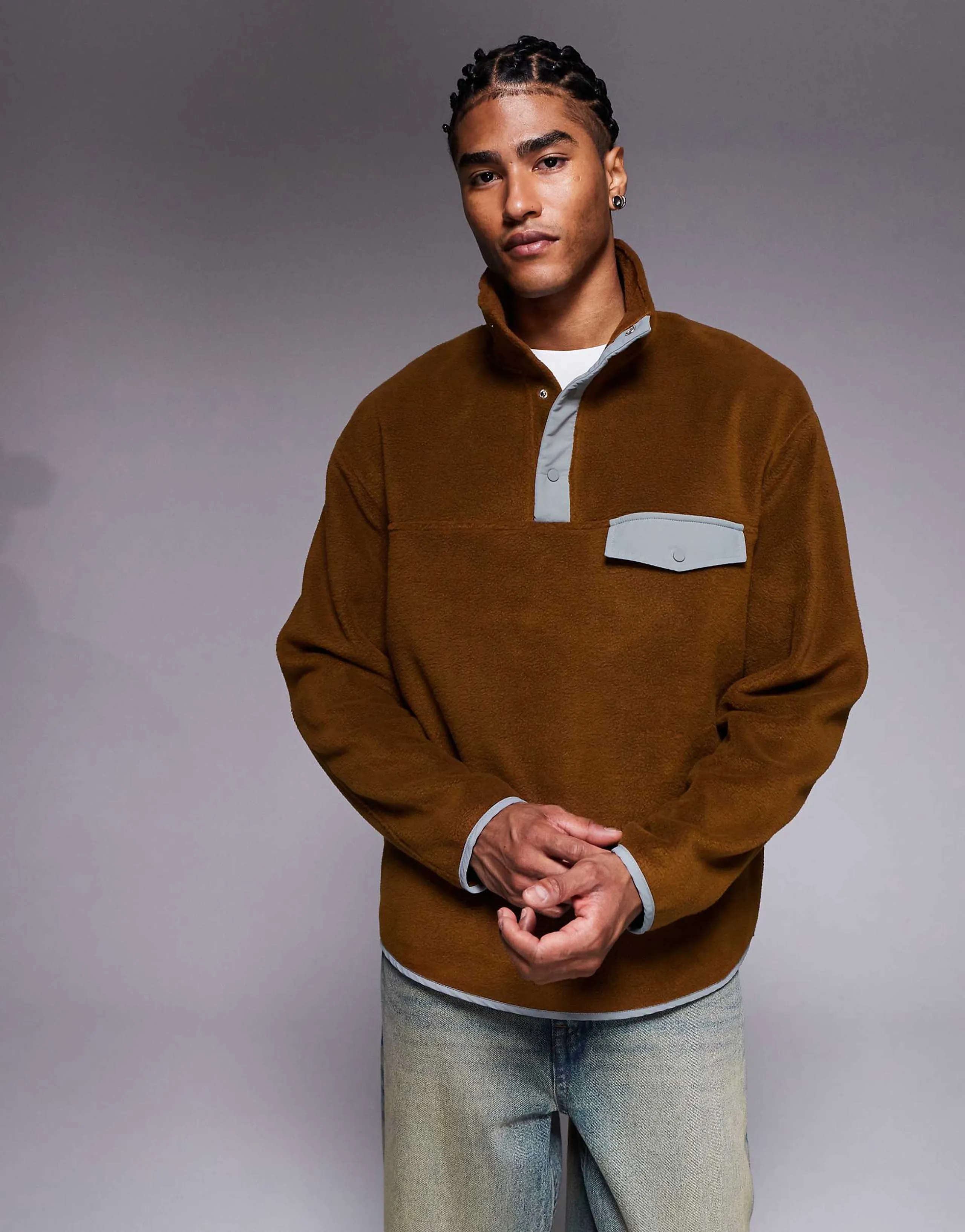 ASOS DESIGN relaxed funnel neck fleece sweatshirt with quarter snap in brown