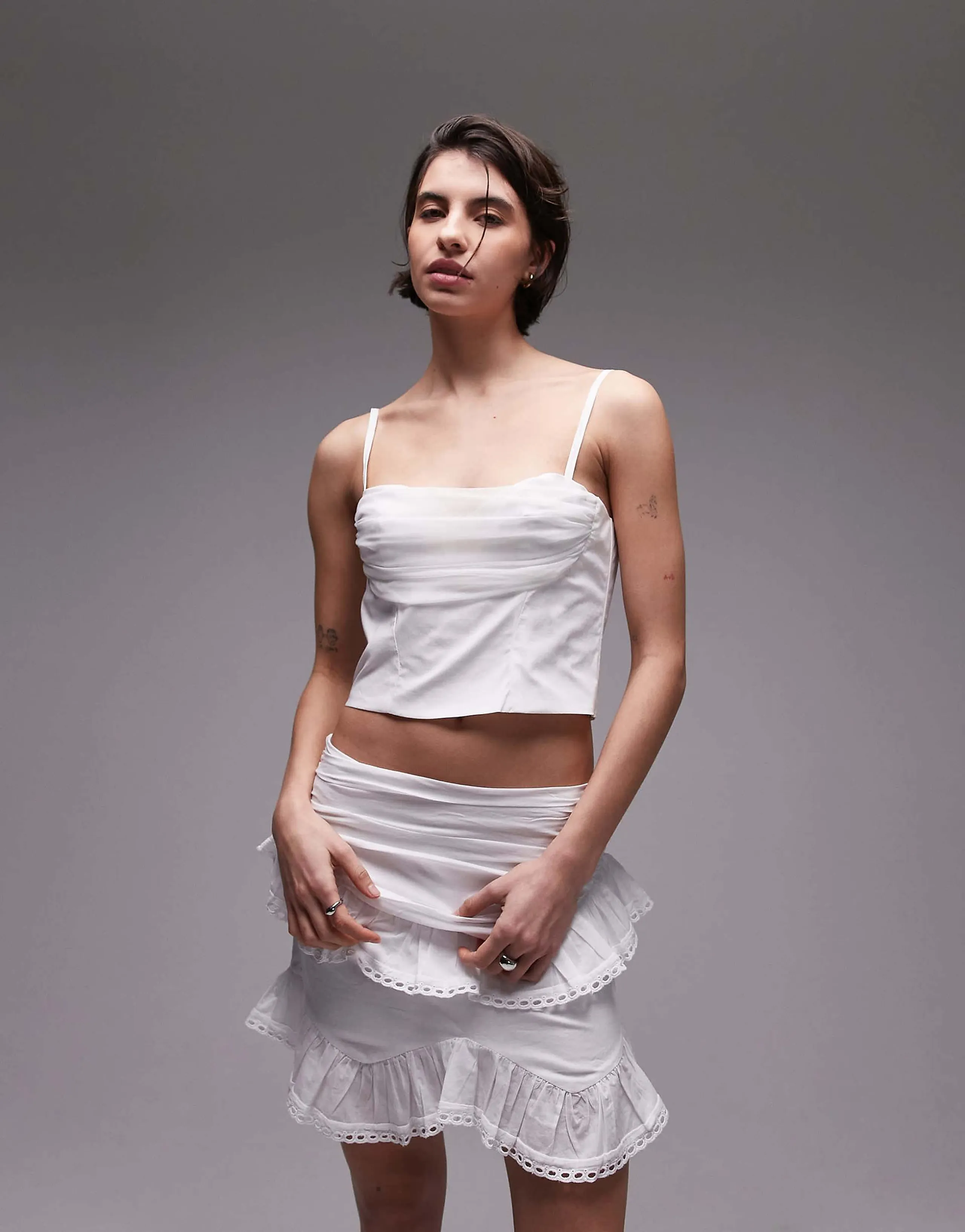SNDYS strappy poplin ruched mesh bust sweetheart neck top in white