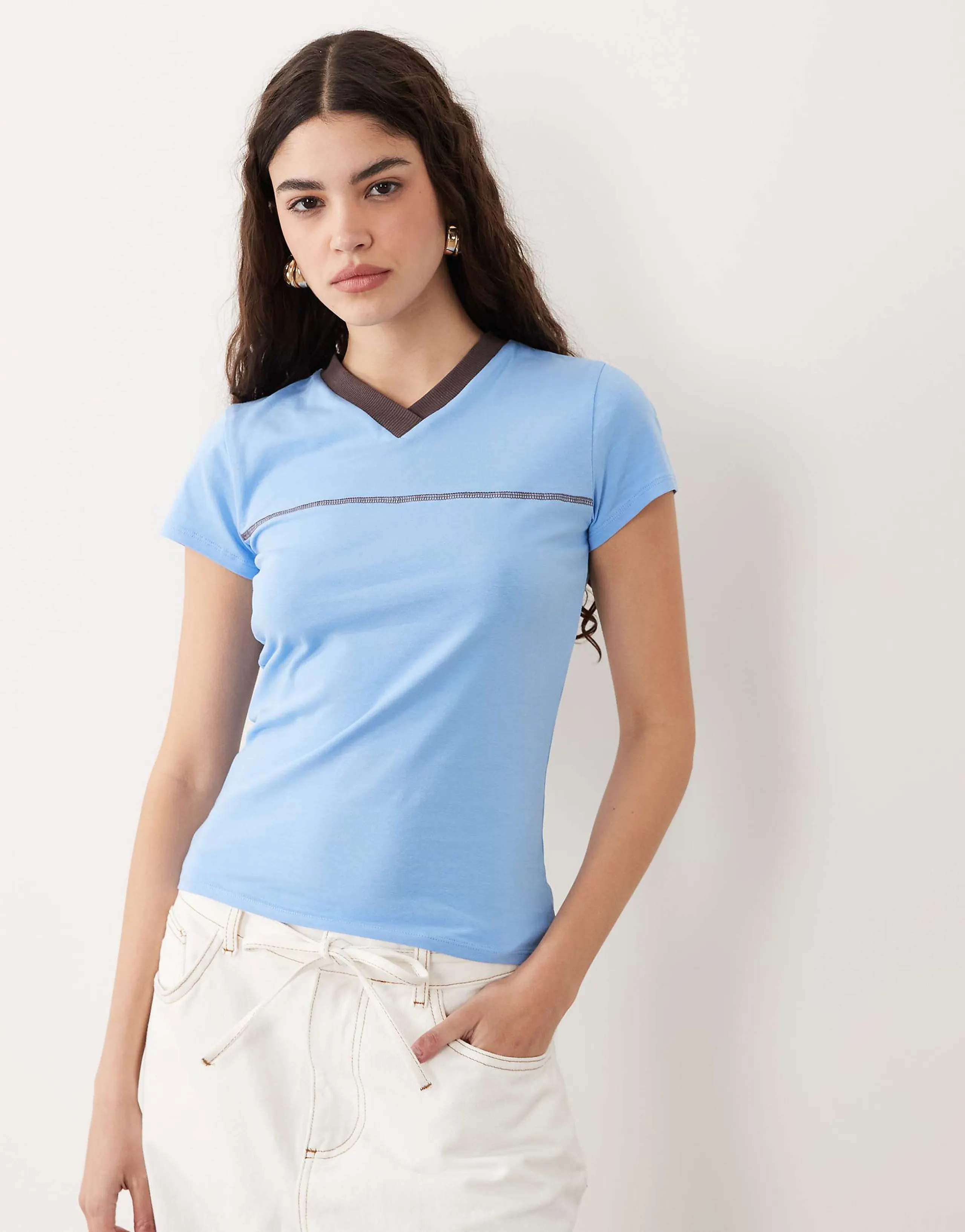 ASOS DESIGN v neck baby tee with contrast neck band in baby blue