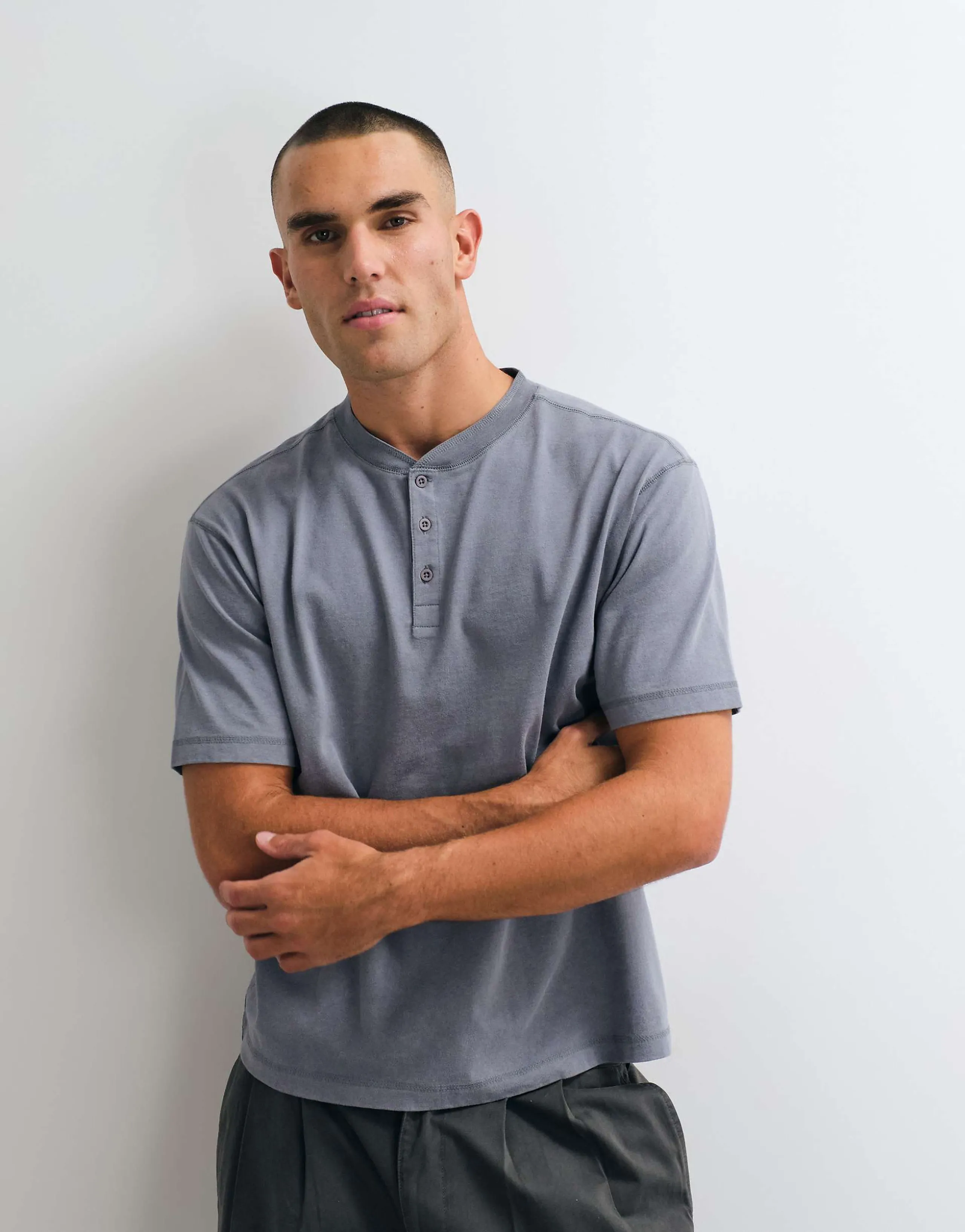 ASOS DESIGN heavyweight boxy relaxed henley neck t-shirt in washed gray