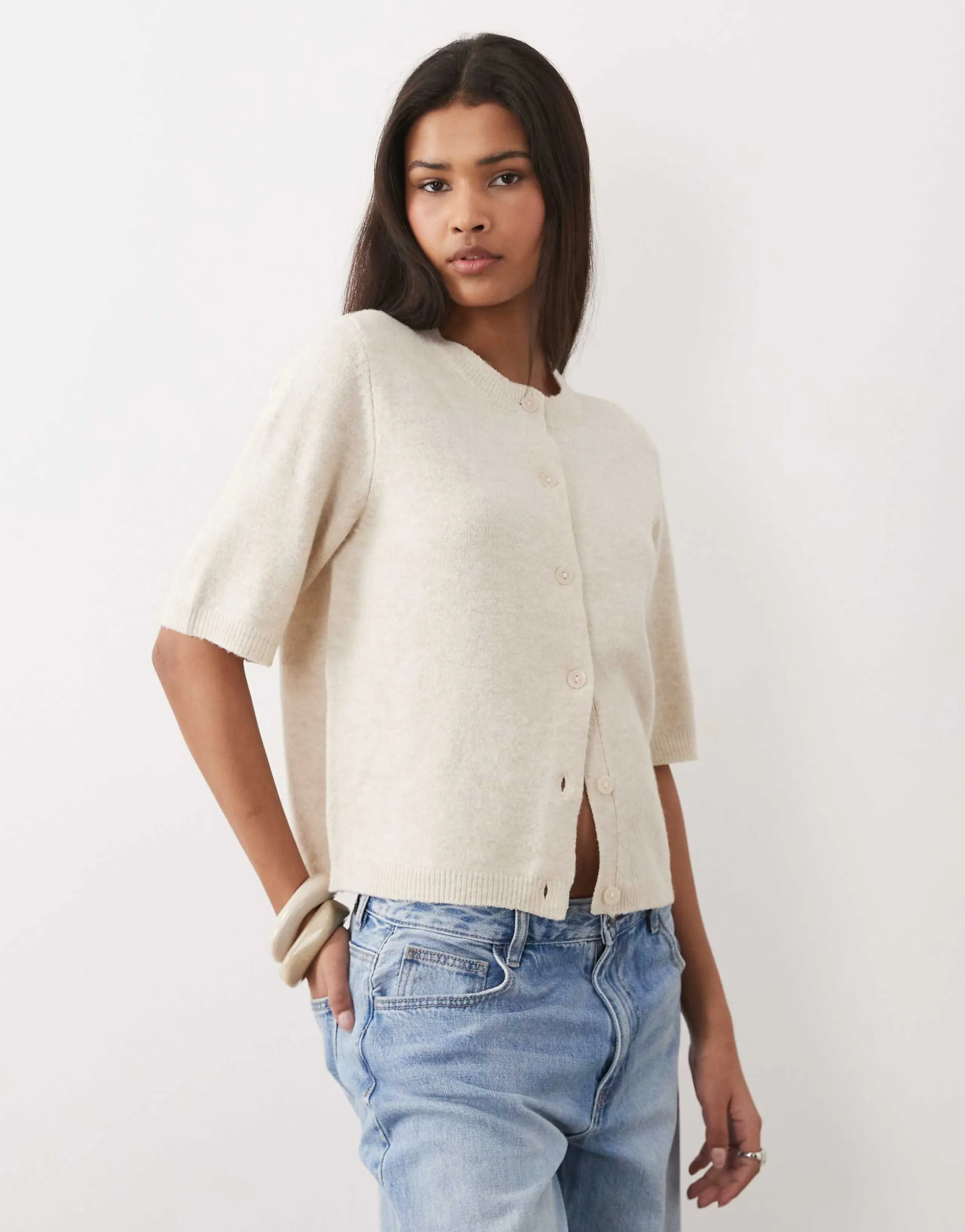 VILA short sleeve soft knit cardigan in heathered cream