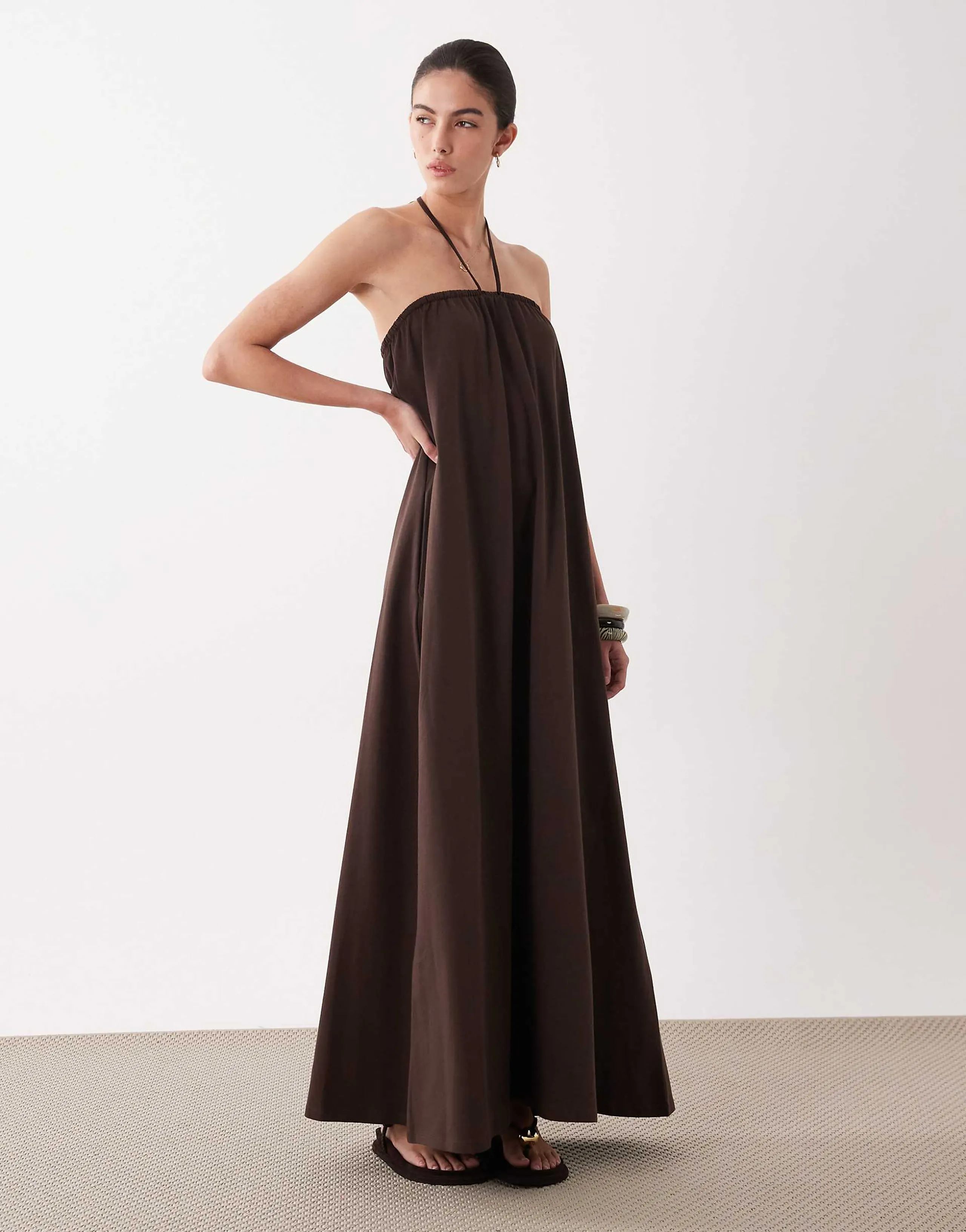 ASOS DESIGN strapless maxi dress with tie detail in chocolate