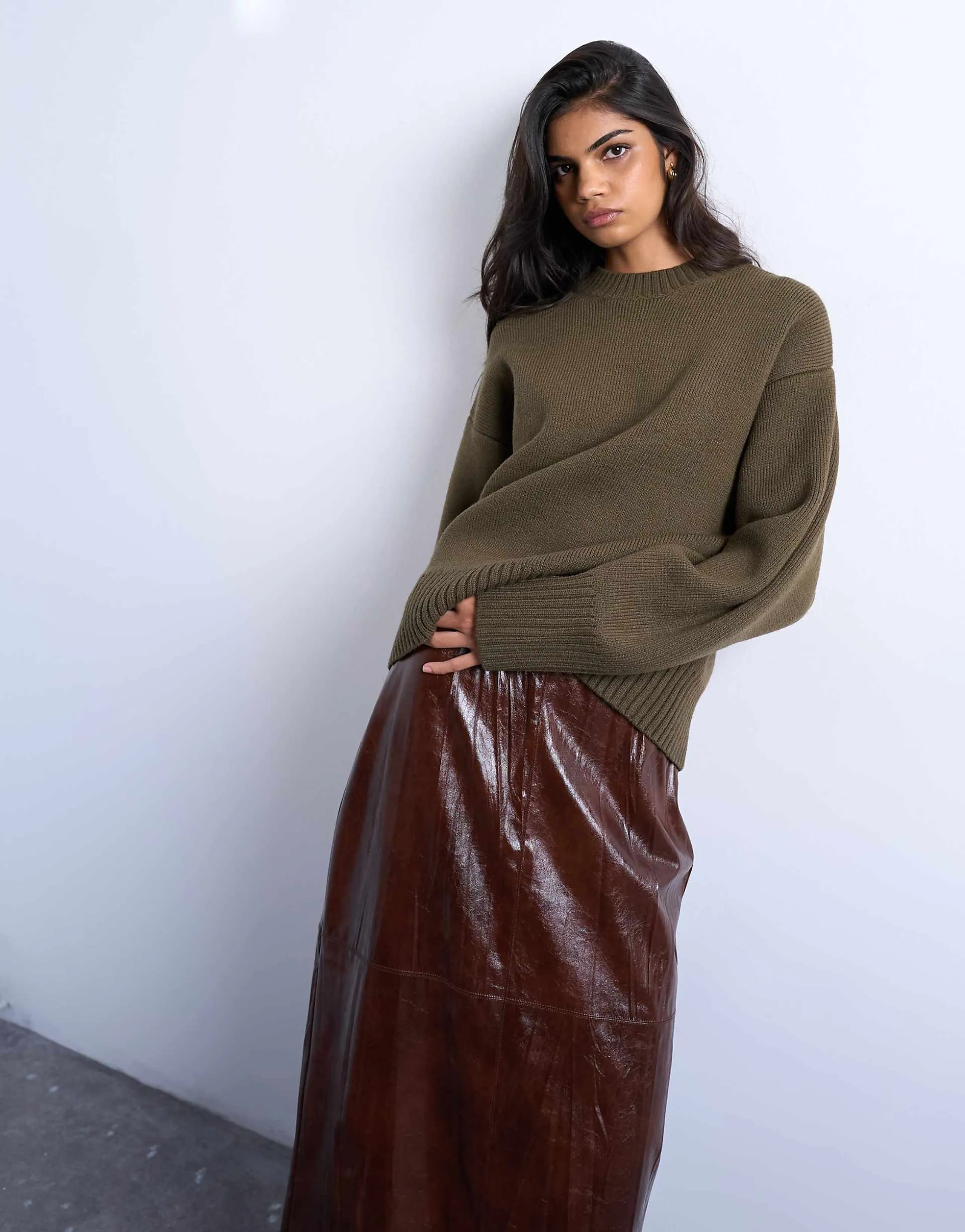 Topshop clean chunky knit crew neck sweater in khaki green