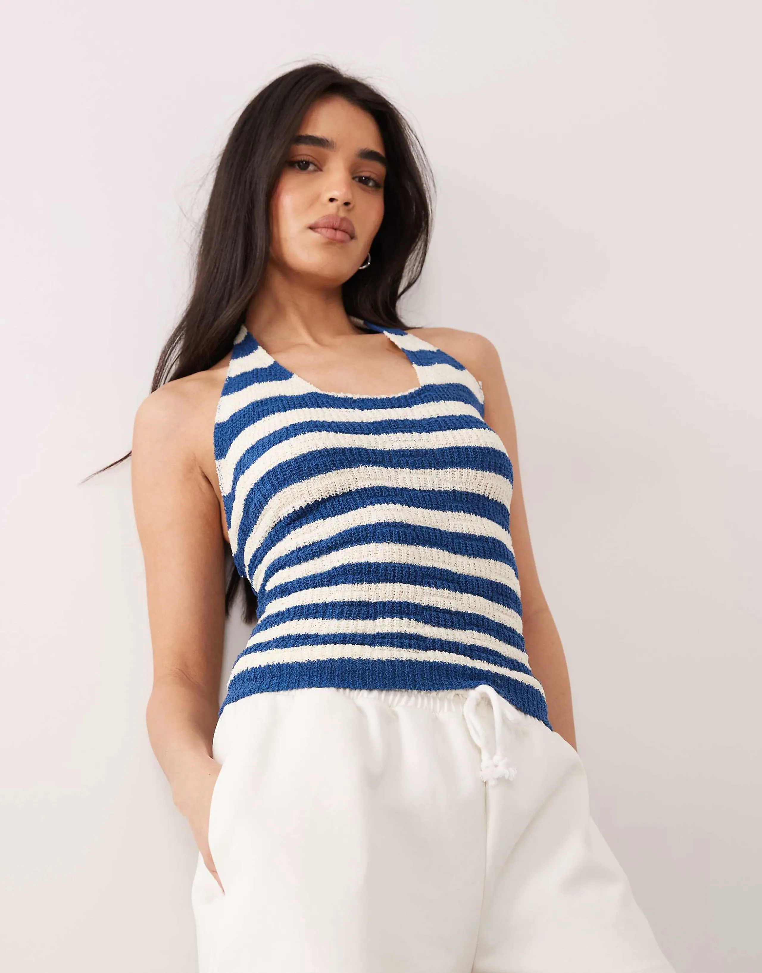 Kiwi & Co hand knit crochet halterneck open back top in navy & white stripes