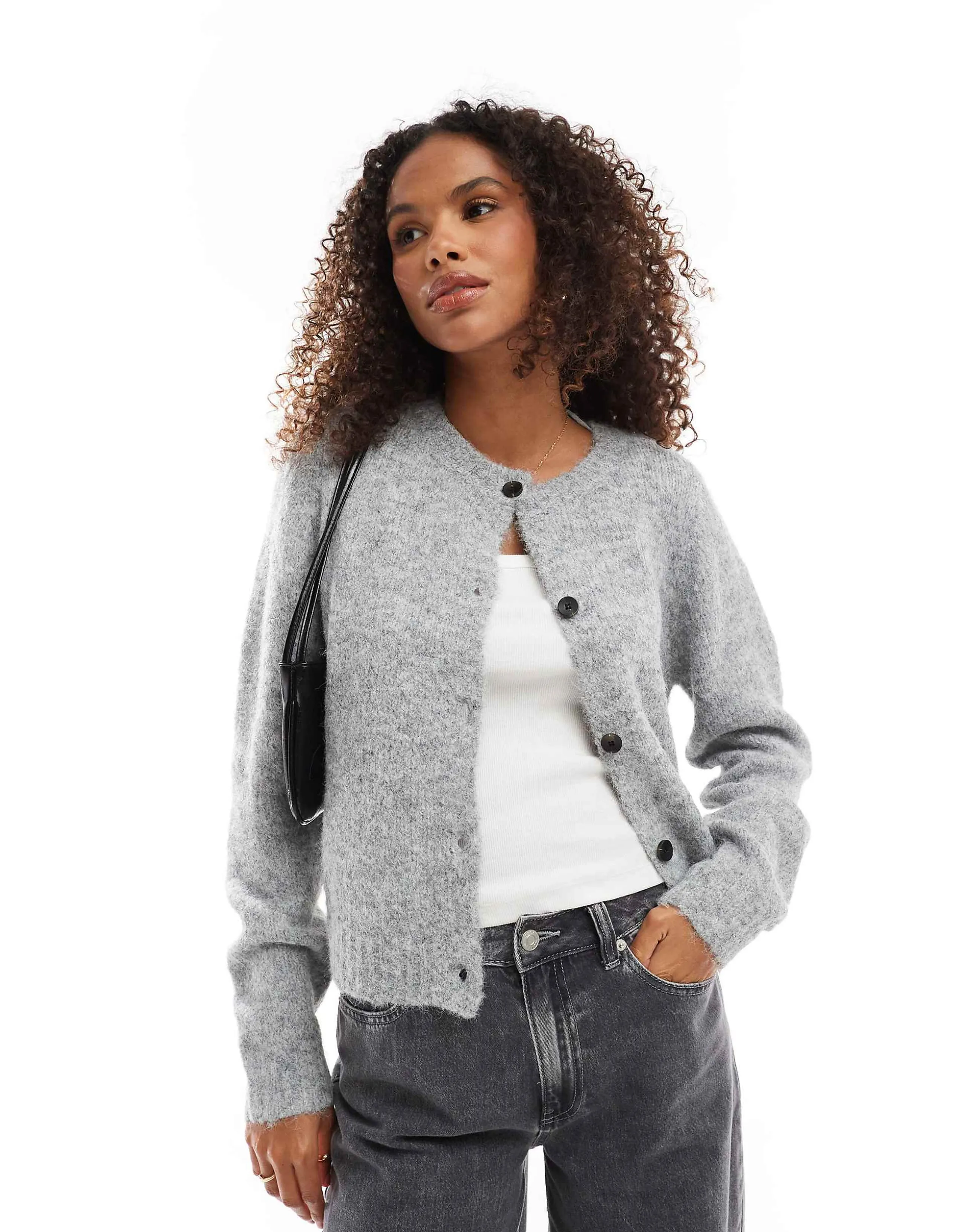 Vero Moda round neck knitted cardigan in light gray melange
