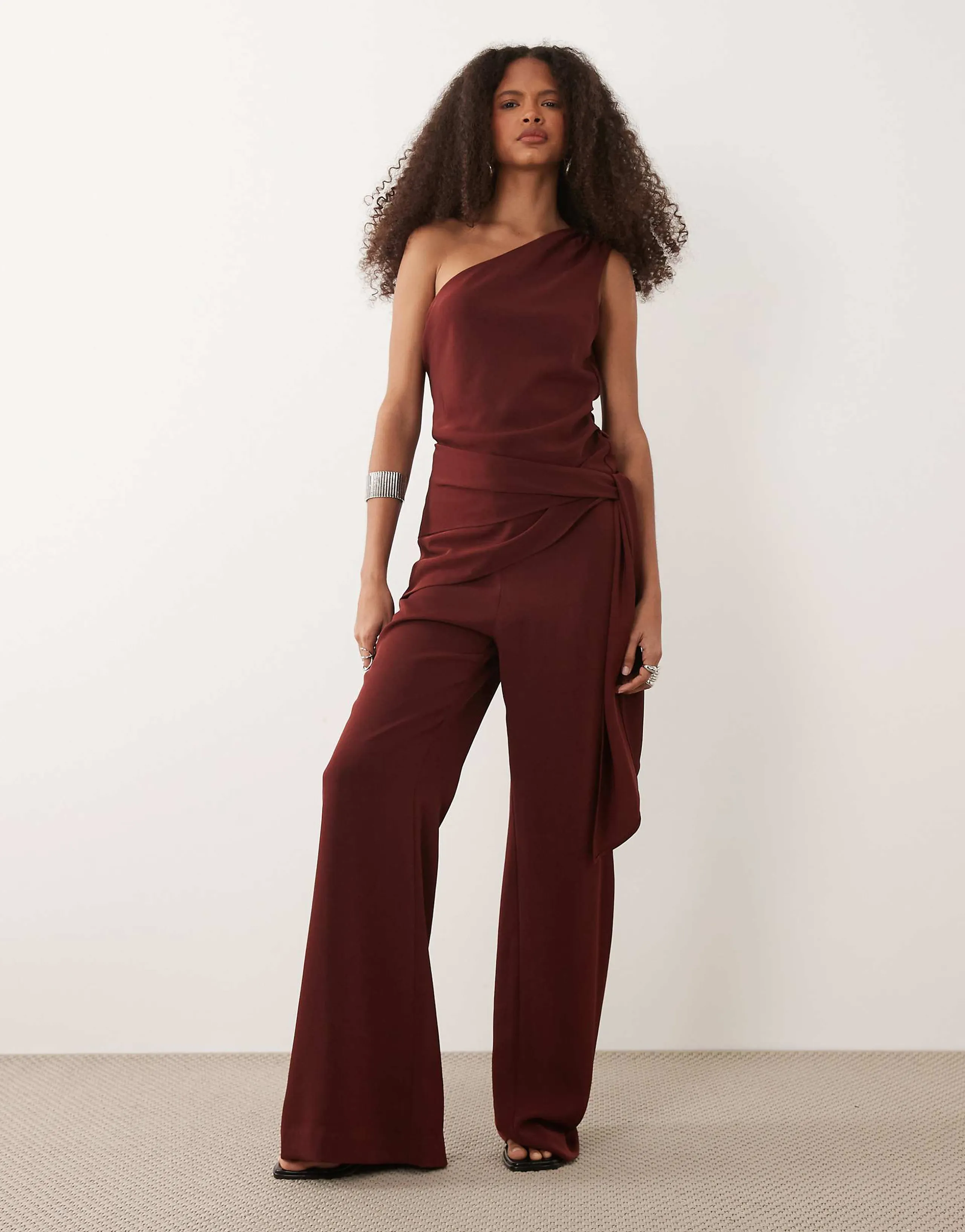 Mango one shoulder tie waist jumpsuit in deep red