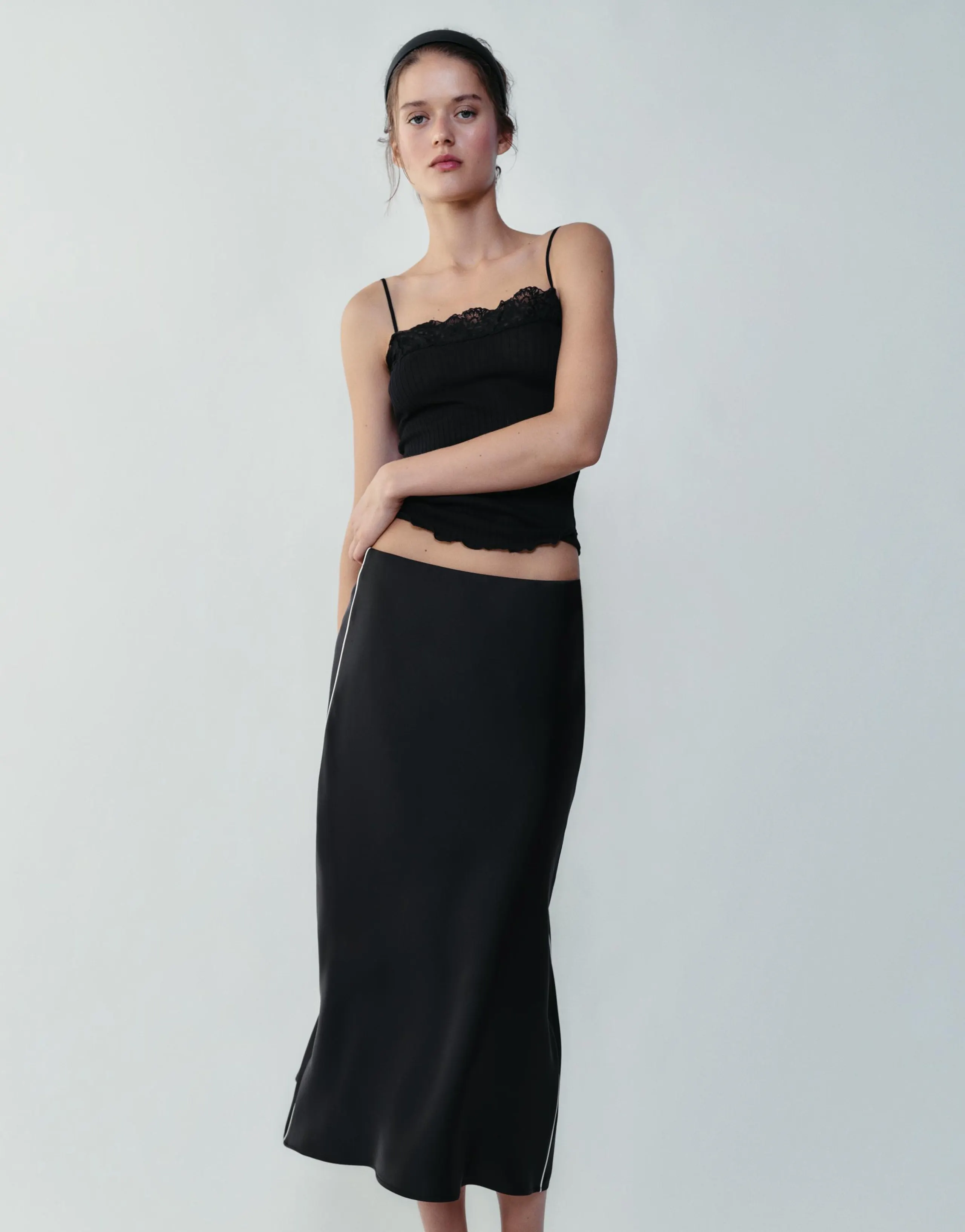 SATIN MIDI SKIRT WITH CONTRAST PIPING