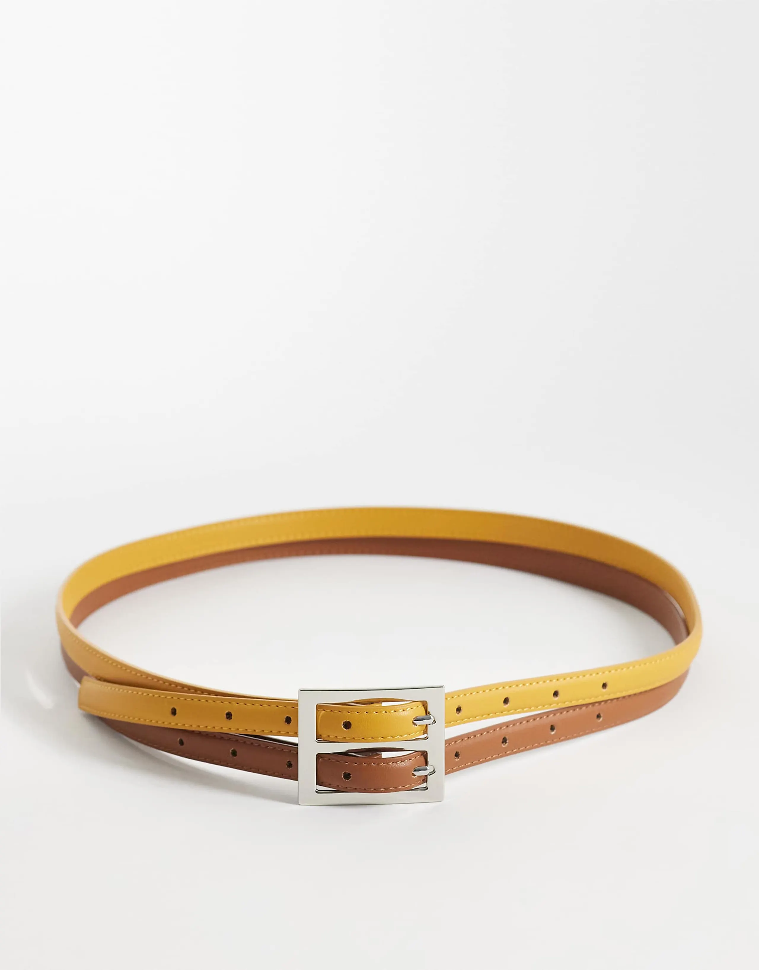 ASOS DESIGN waist and hip double buckle belt in yellow and tan