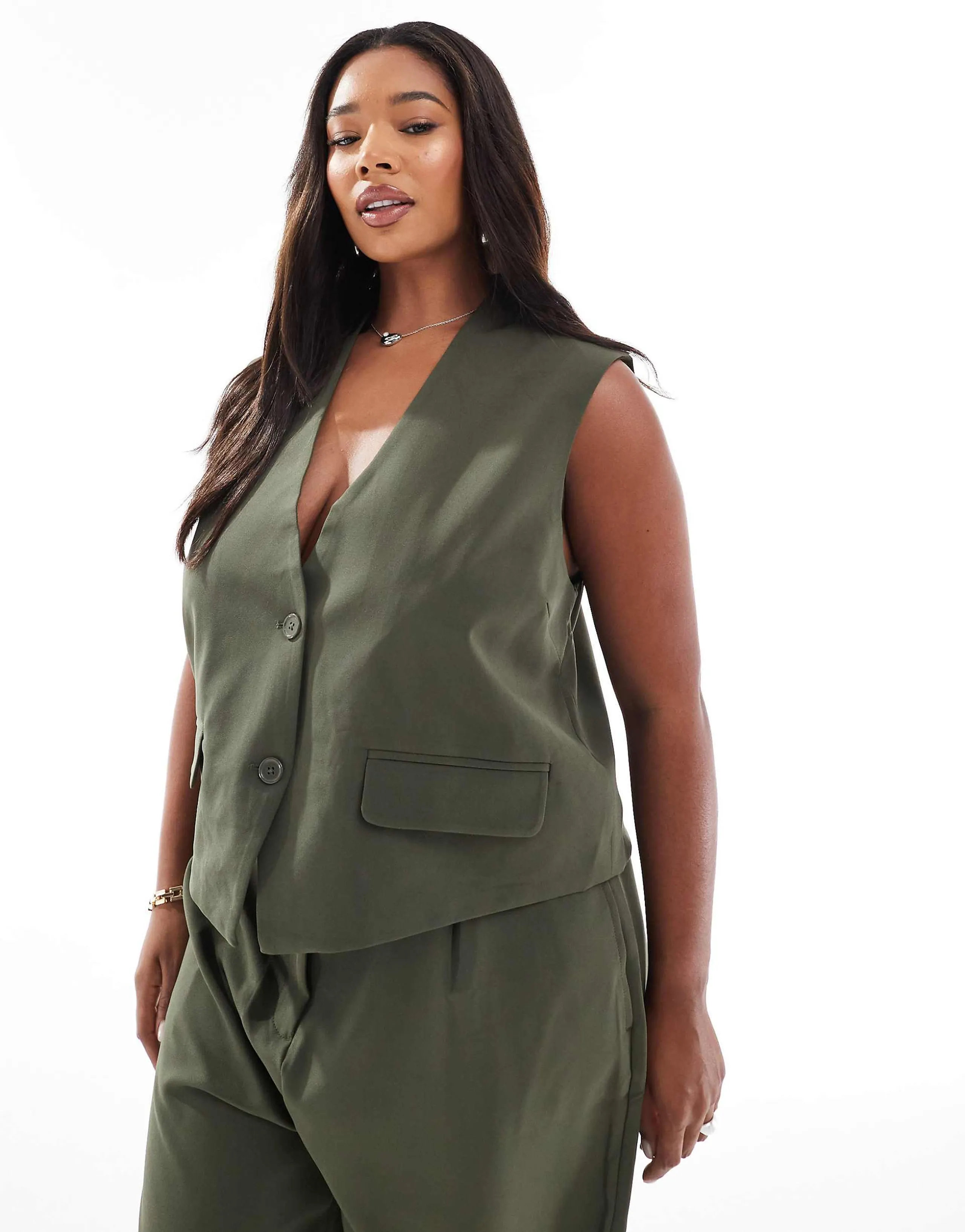 Pieces Curve tailored vest in khaki green - part of a set