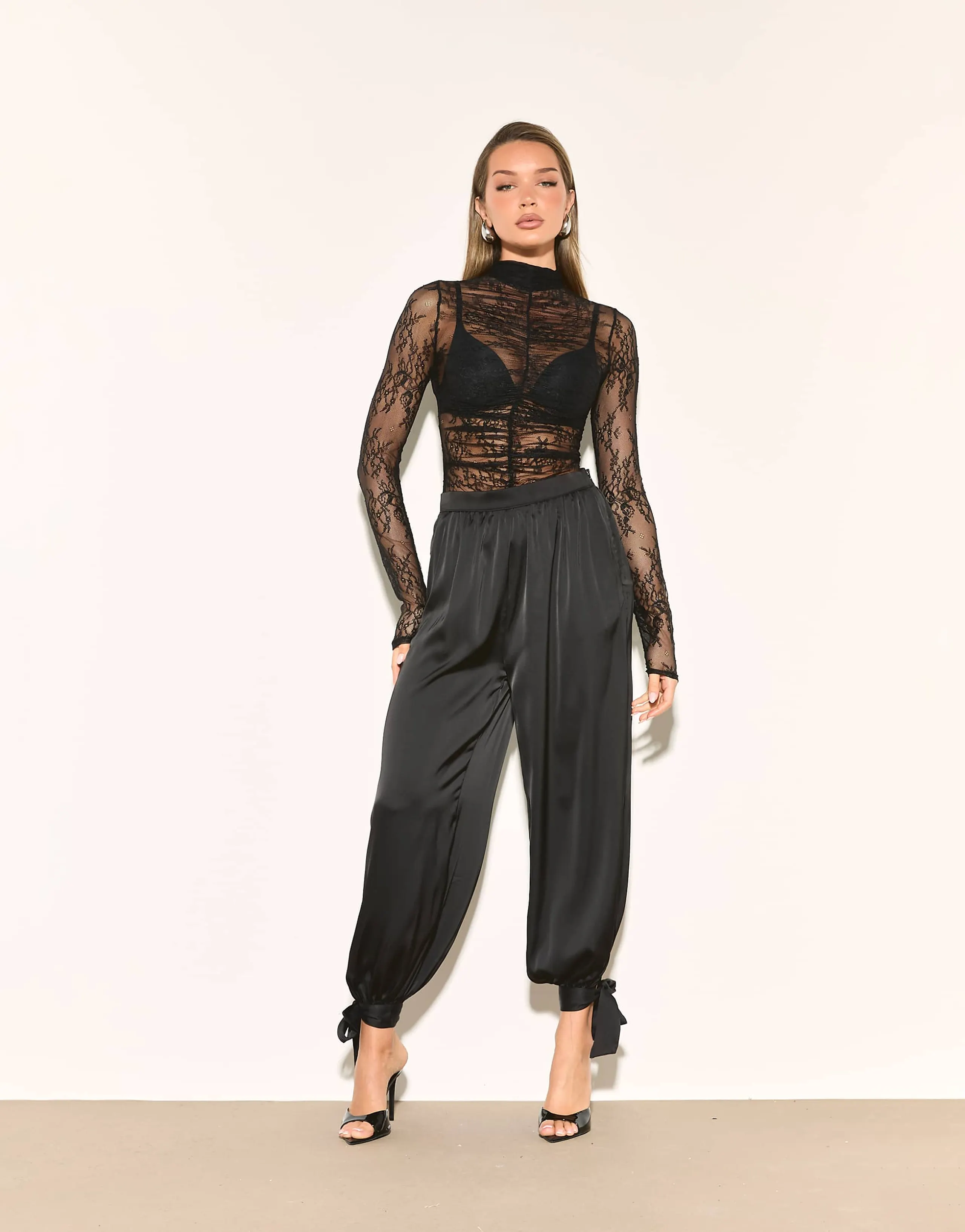 Noughts & Kisses balloon leg tie detailing satin pants in black