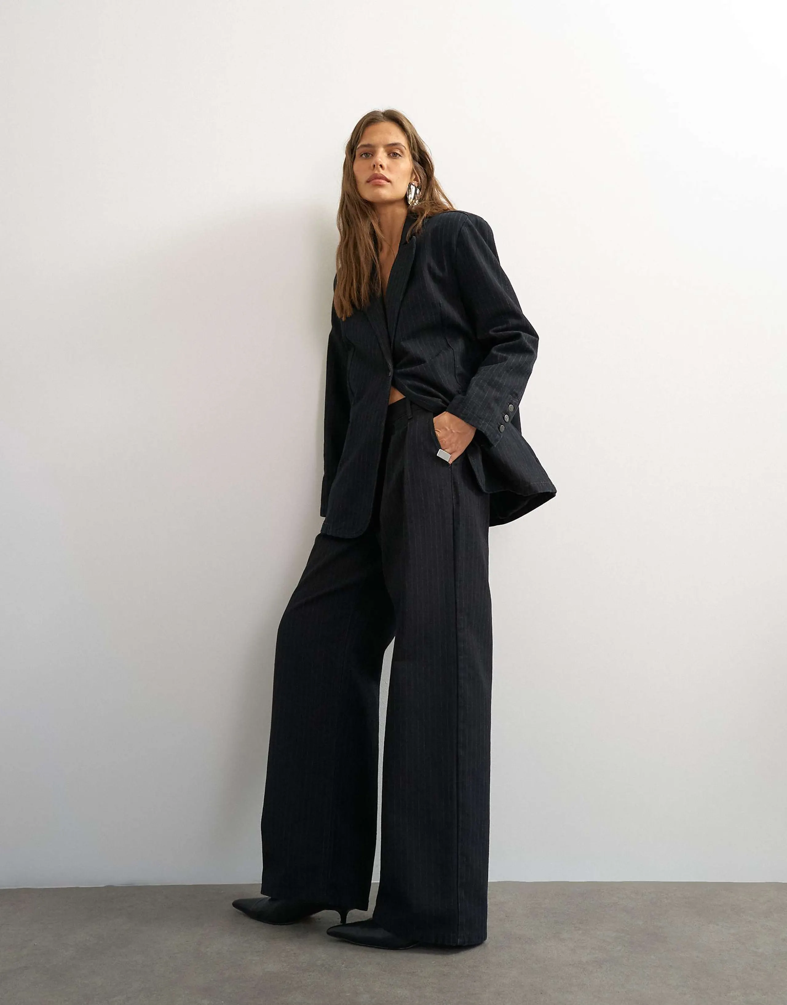 Topshop x Cara wide leg pleated pinstripe denim pants in indigo - part of a set