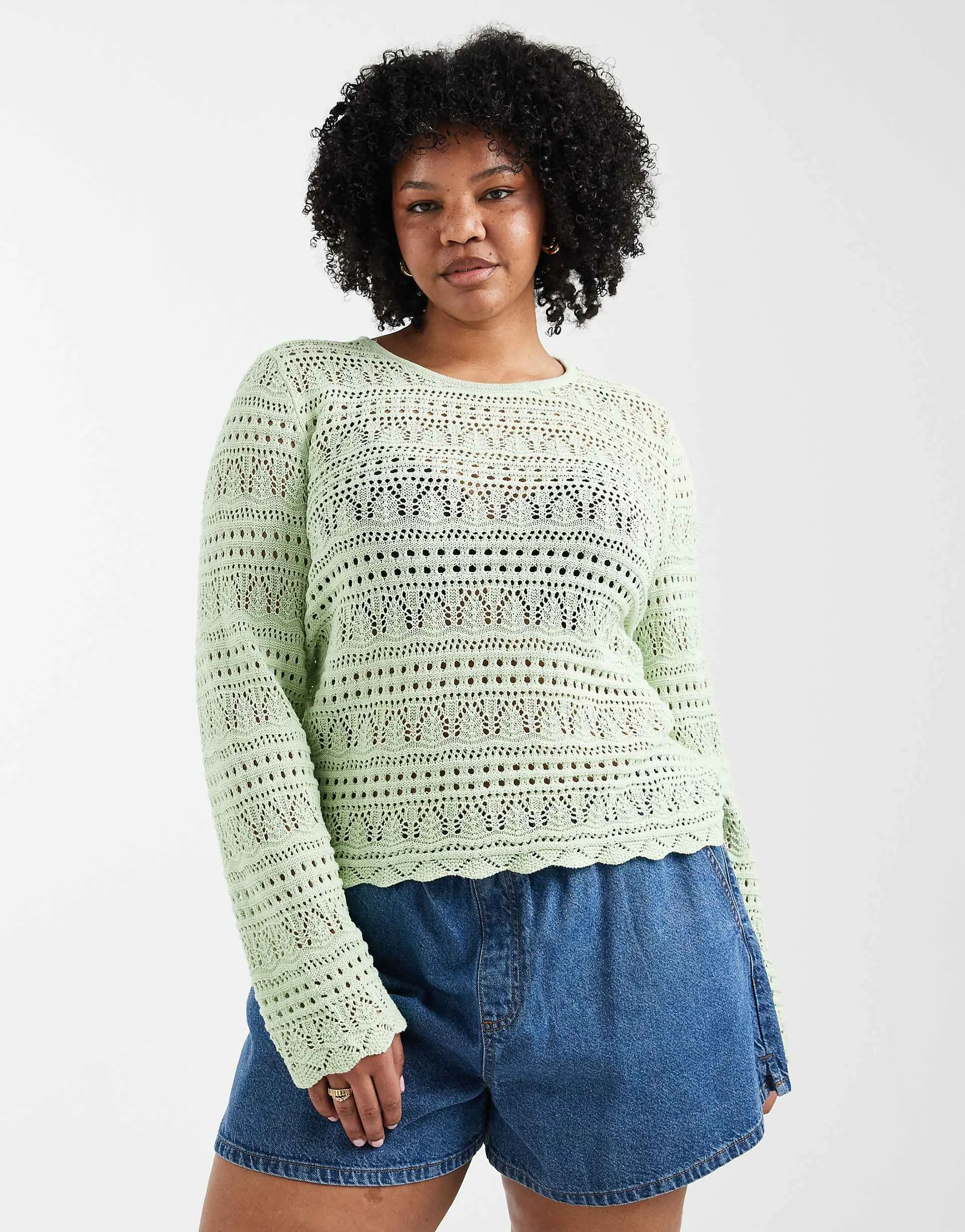 ONLY Curve long sleeve crochet top in light green