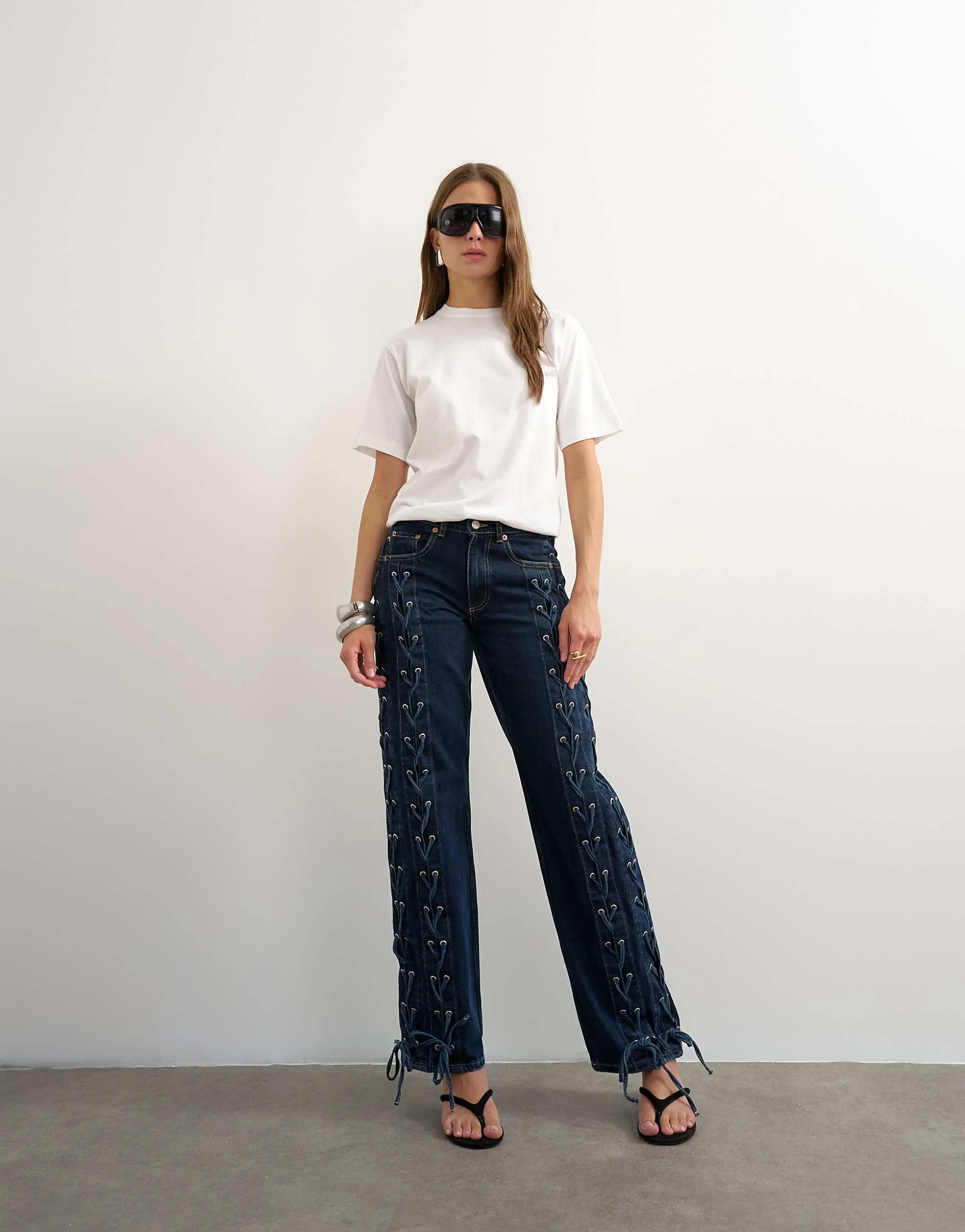 Topshop denim straight leg jeans with extreme lace-up in deep blue