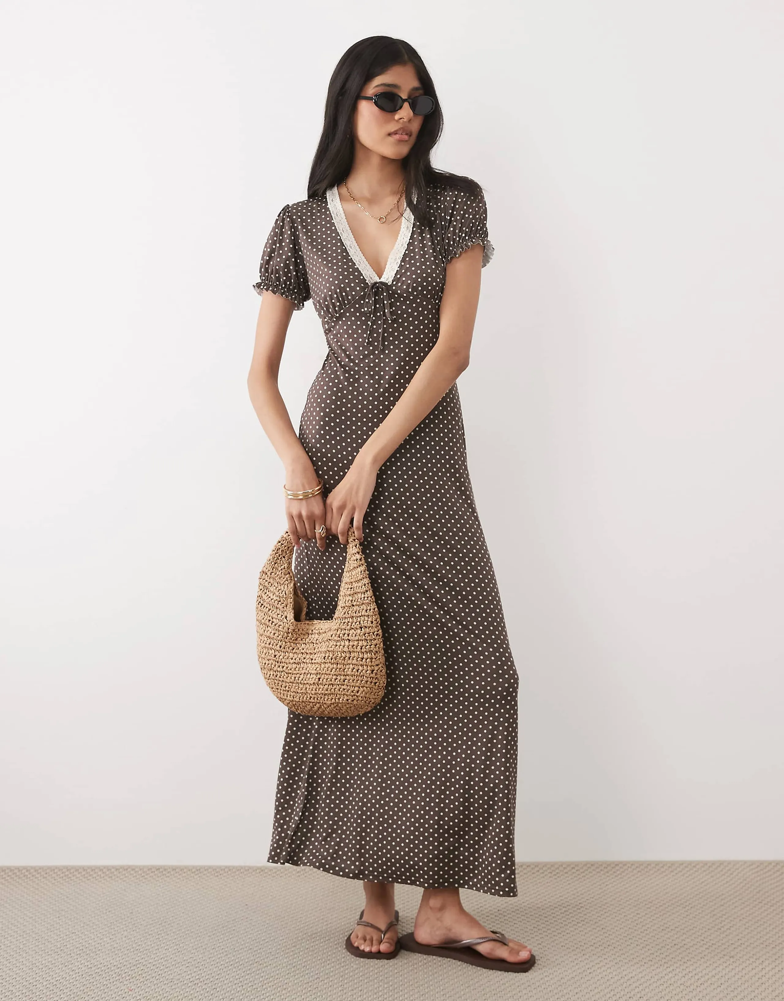 Miss Selfridge v-neck midaxi day dress with lace trim in polka dots