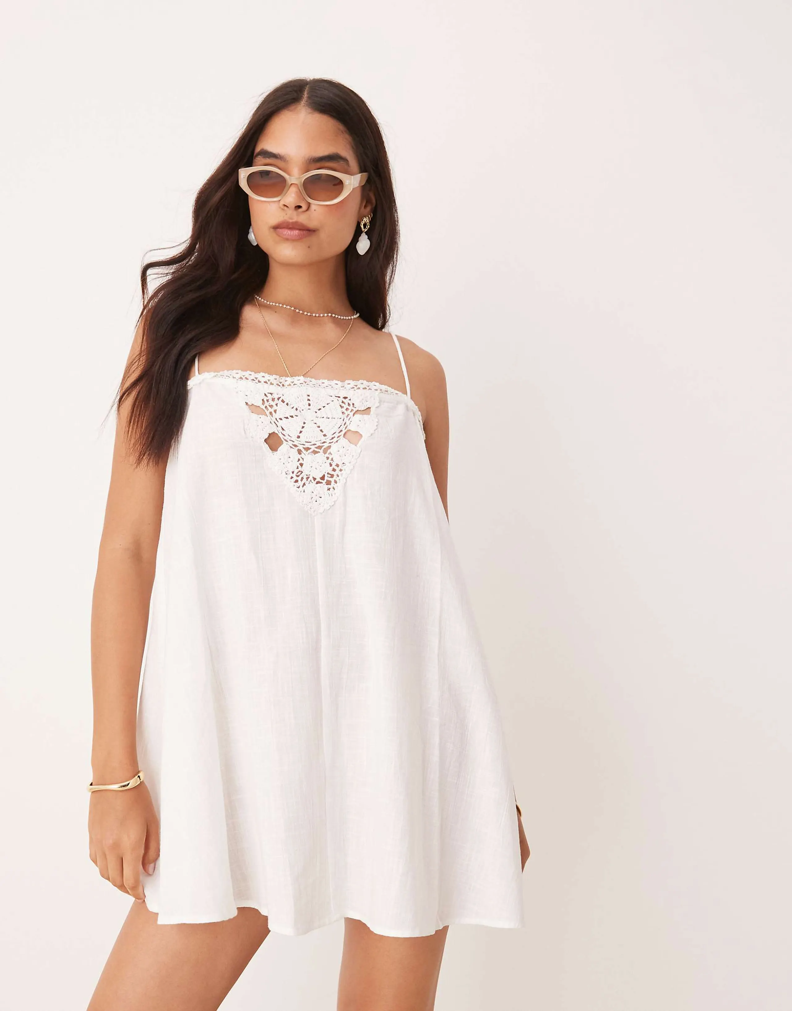 ASOS DESIGN textured doily insert mini beach dress in white