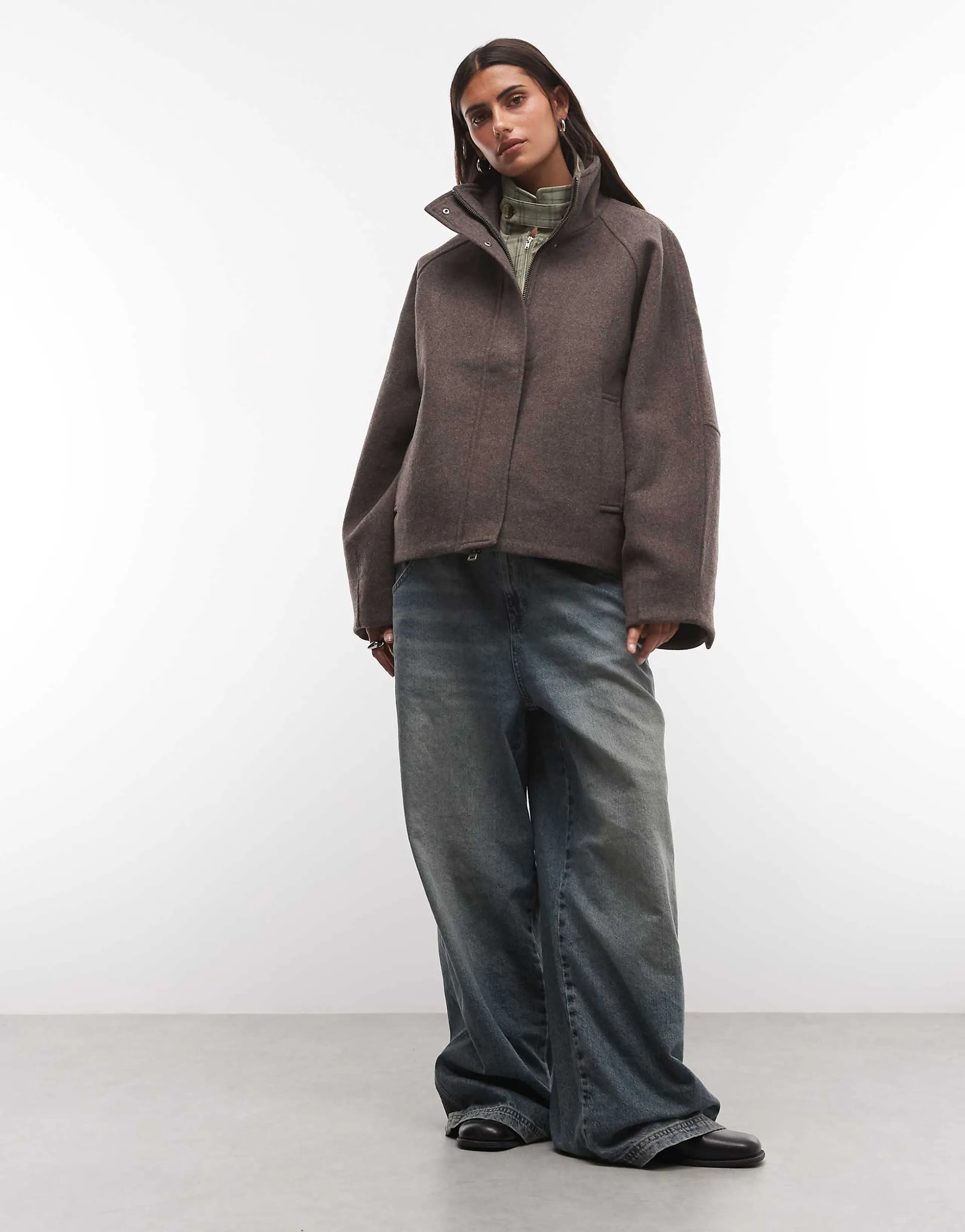 Weekday wool blend jacket with funnel neck collar in mole melange 