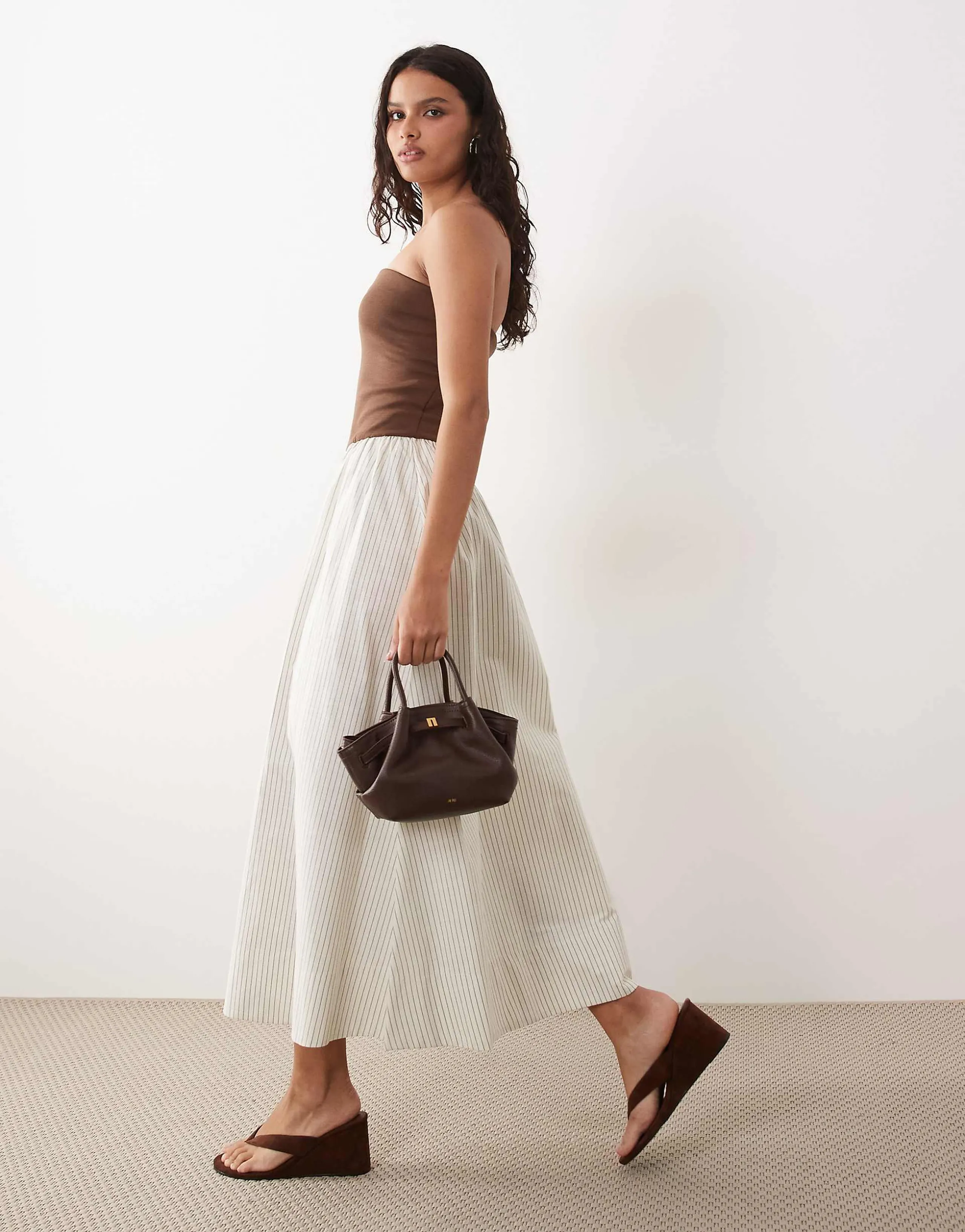 YAS bandeau contrast pinstripe maxi dress in brown and white