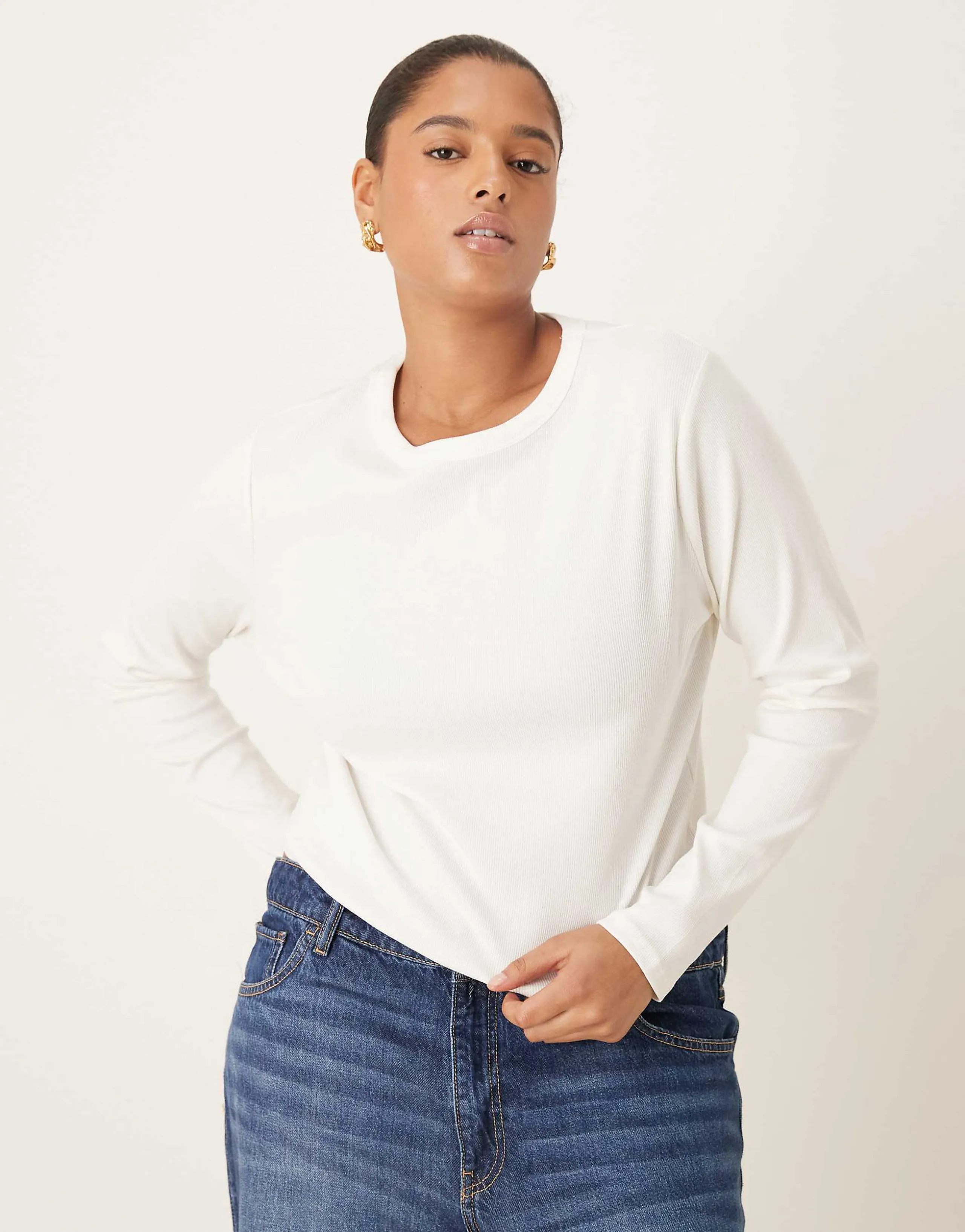 ASOS DESIGN Curve rib crew neck long sleeve top in cream