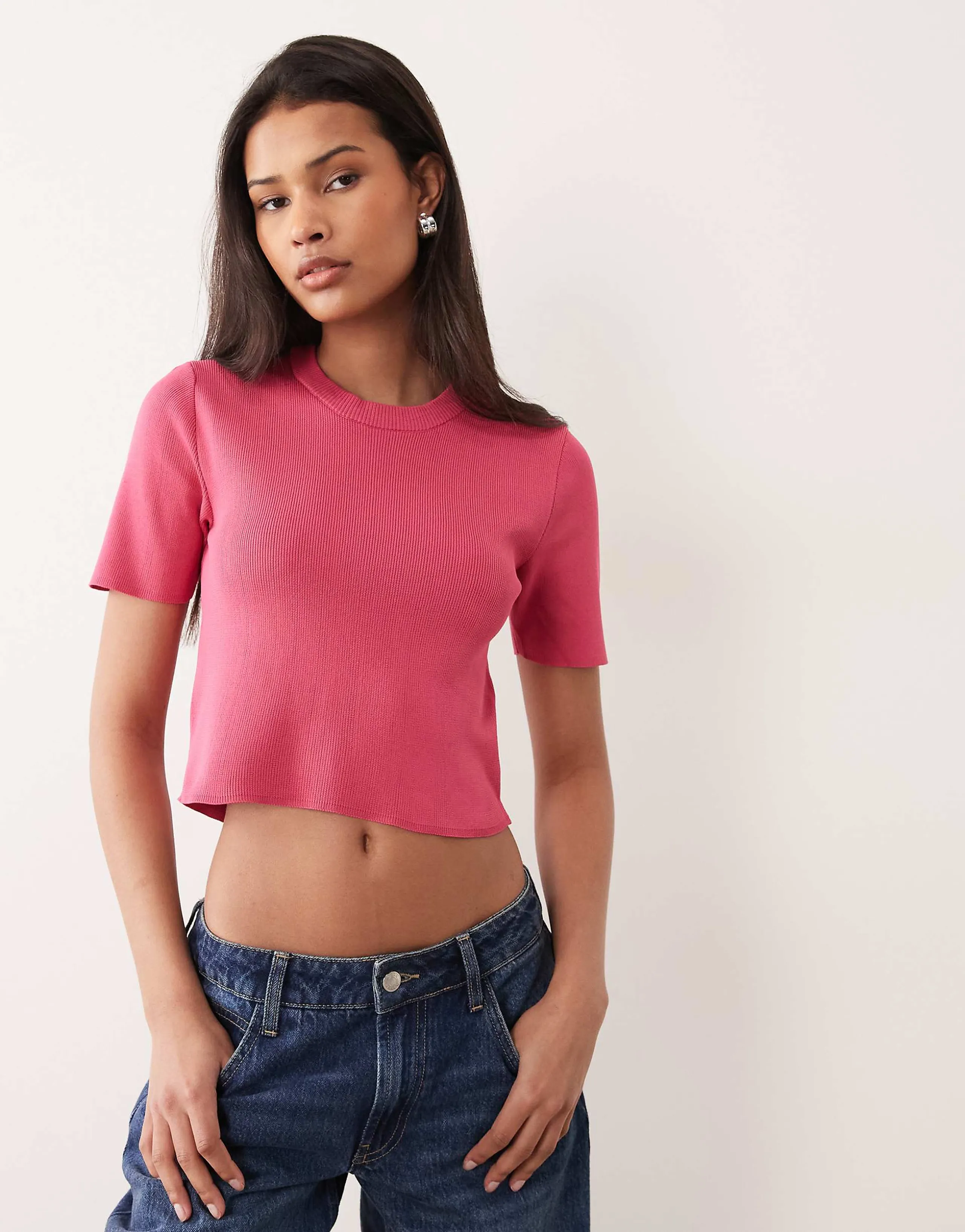 Brave Soul compact knit short sleeve sweater in pink