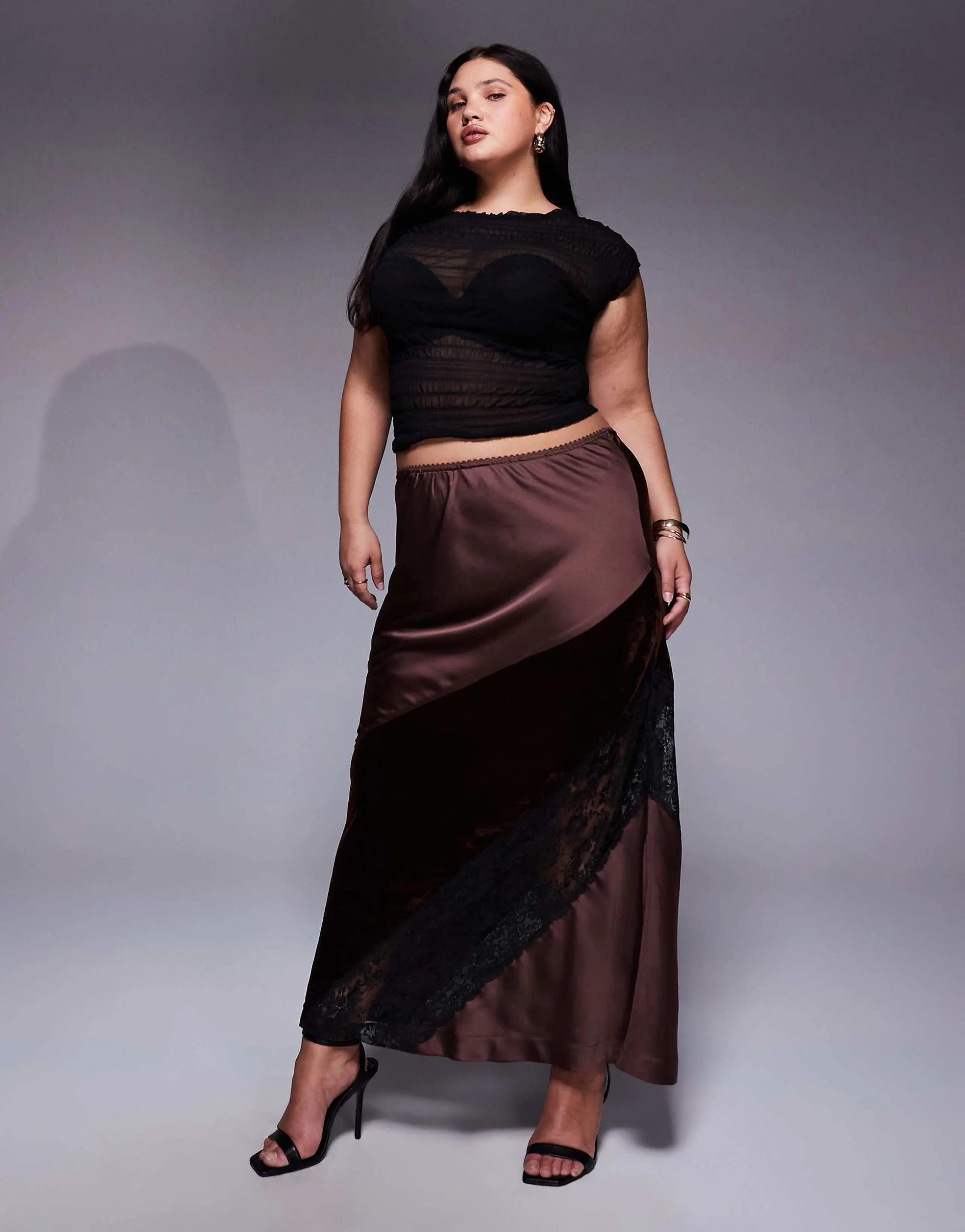 ASOS DESIGN Curve velvet and lace mix satin maxi skirt in chocolate