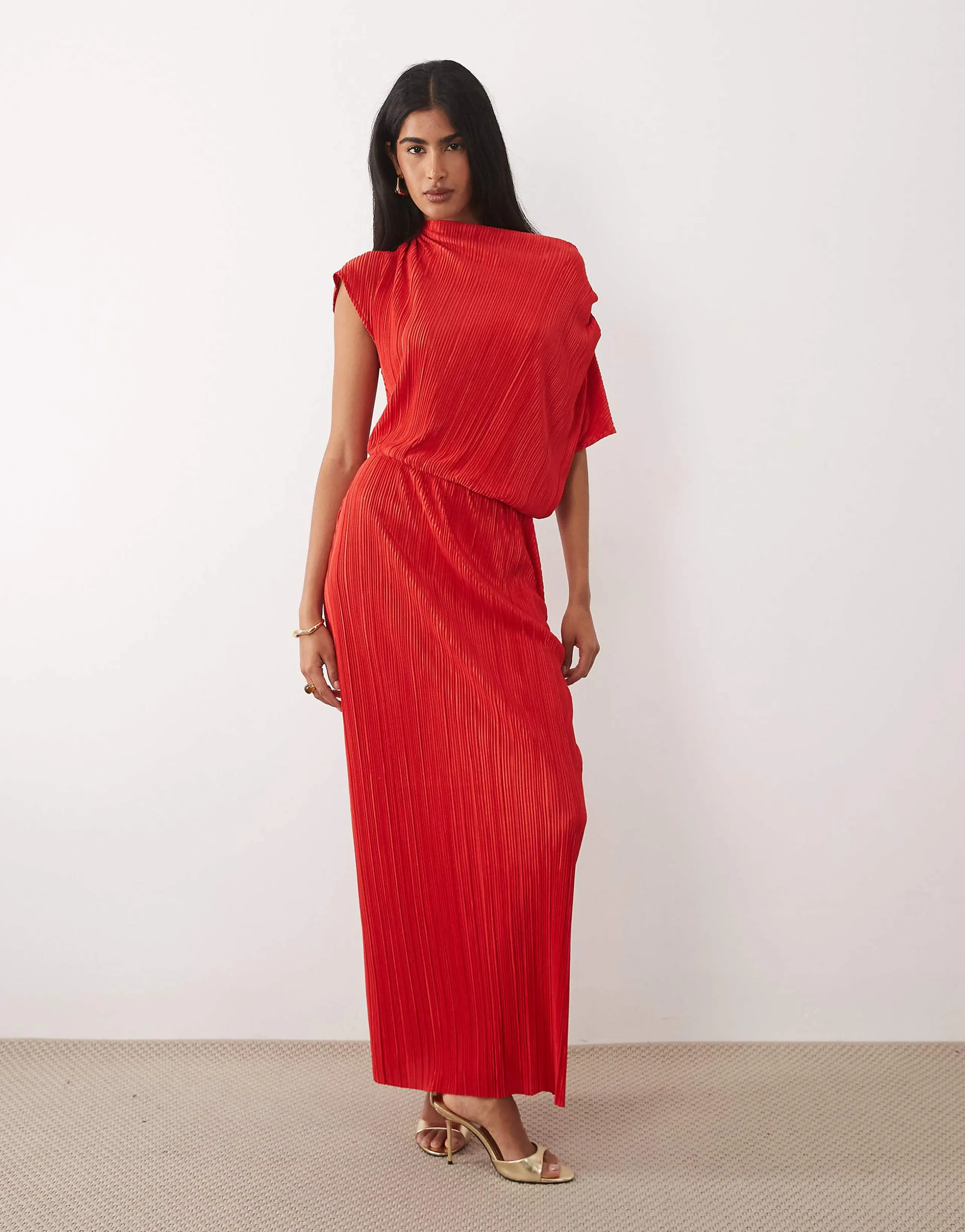 ASOS DESIGN plisse draped waist midi dress in red