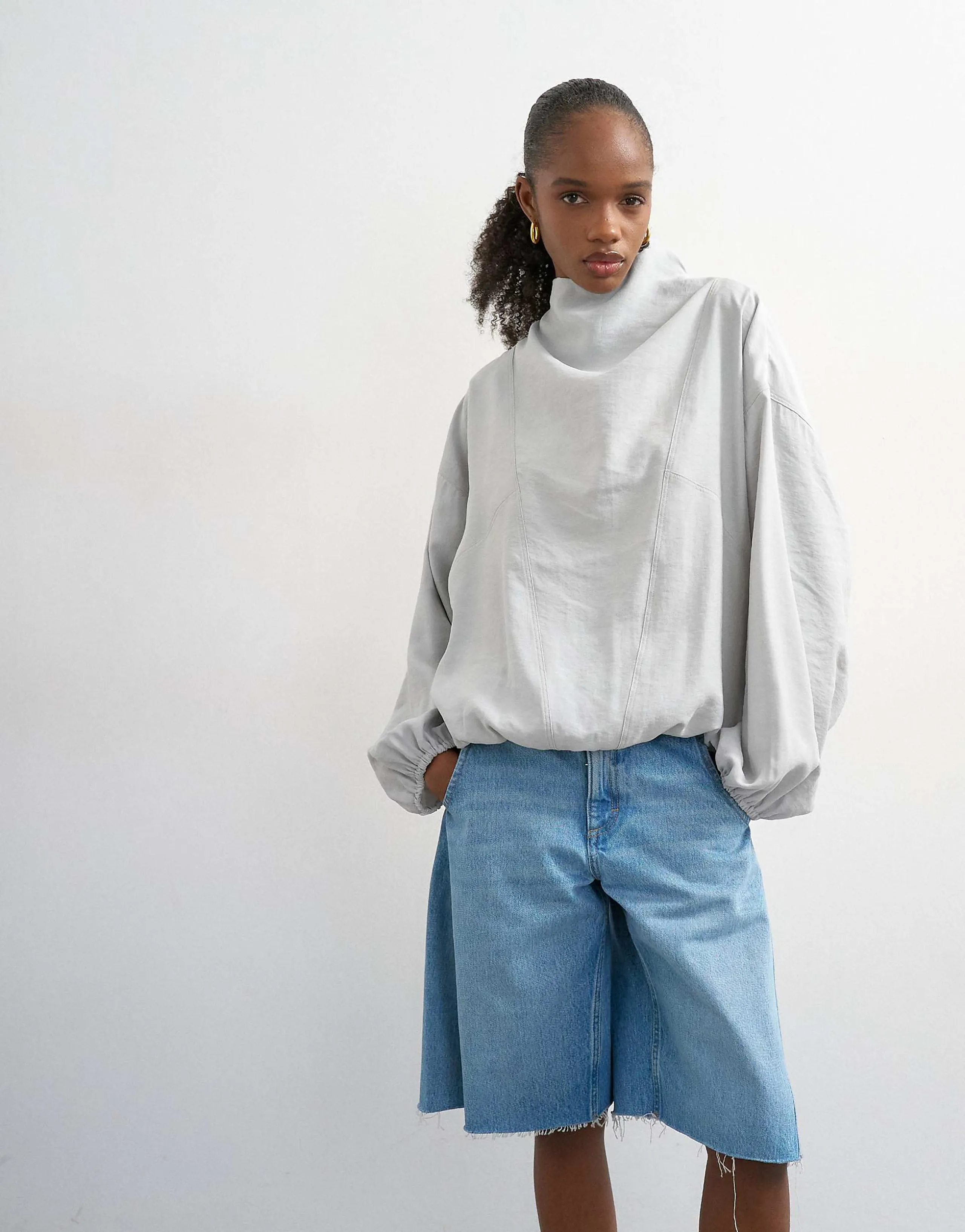 Topshop seam detail cuffed long sleeve top in gray