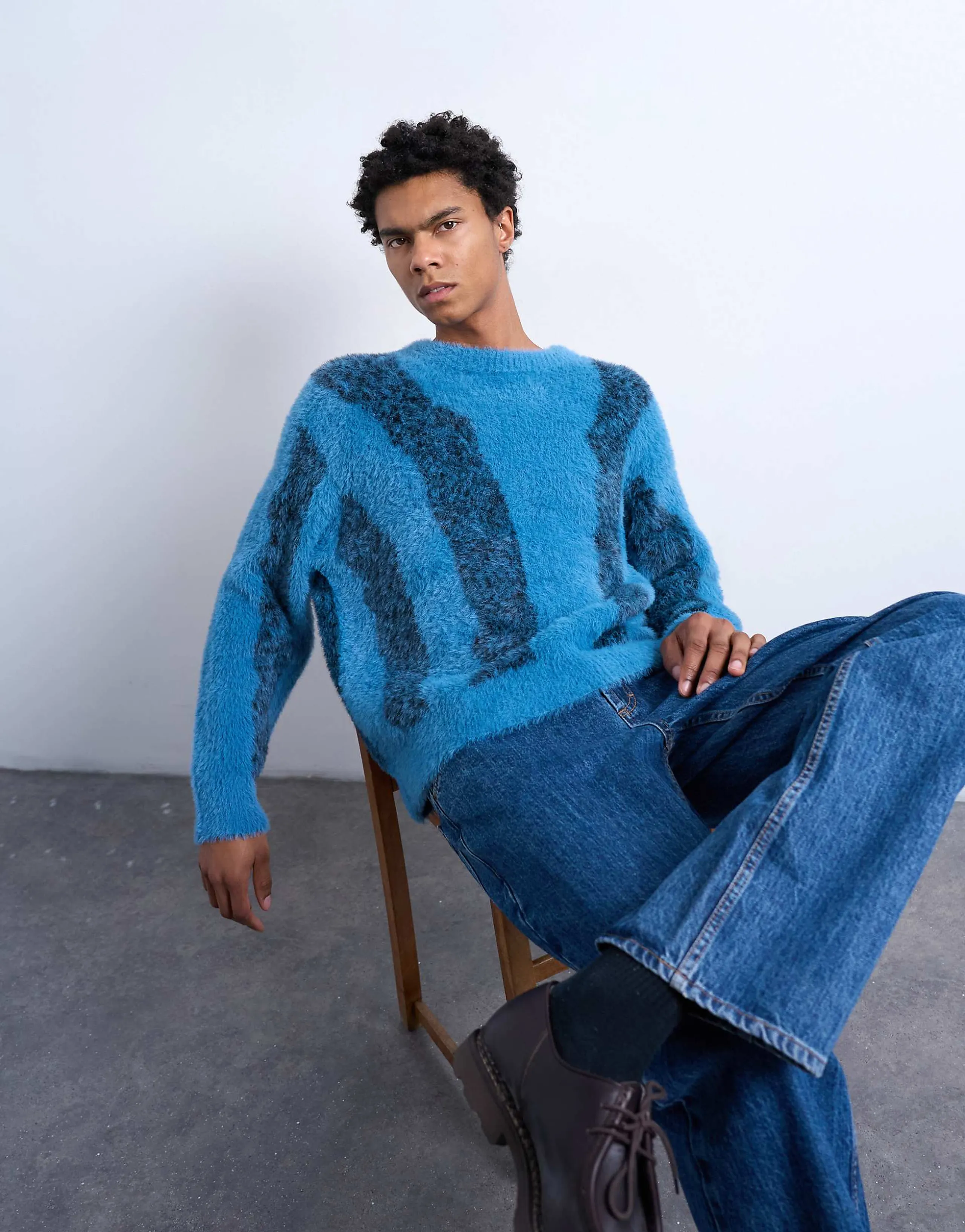 Topman relaxed fit fluffy knit sweater with striped design in blue