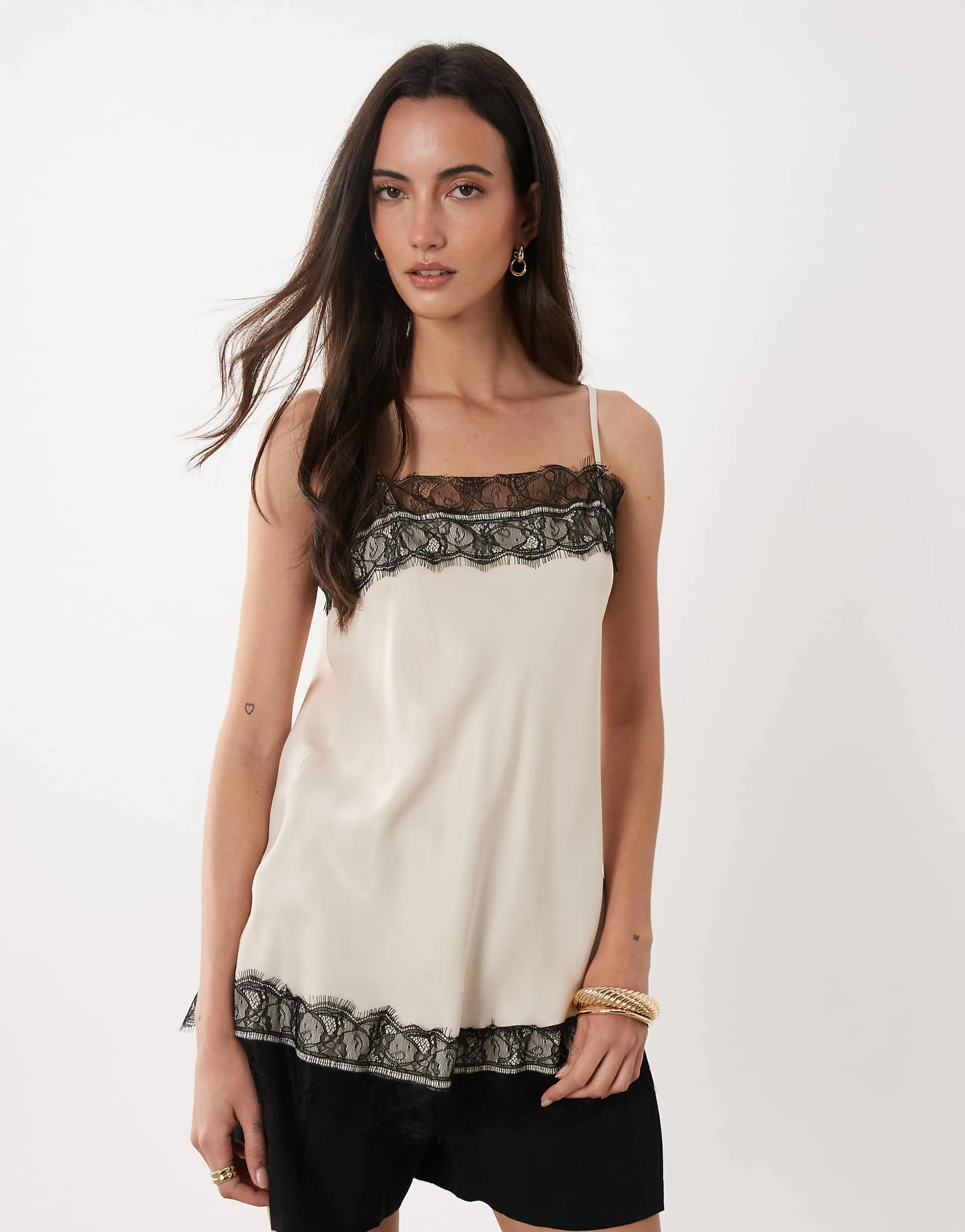 ASOS DESIGN satin lace trim longline cami top in ecru