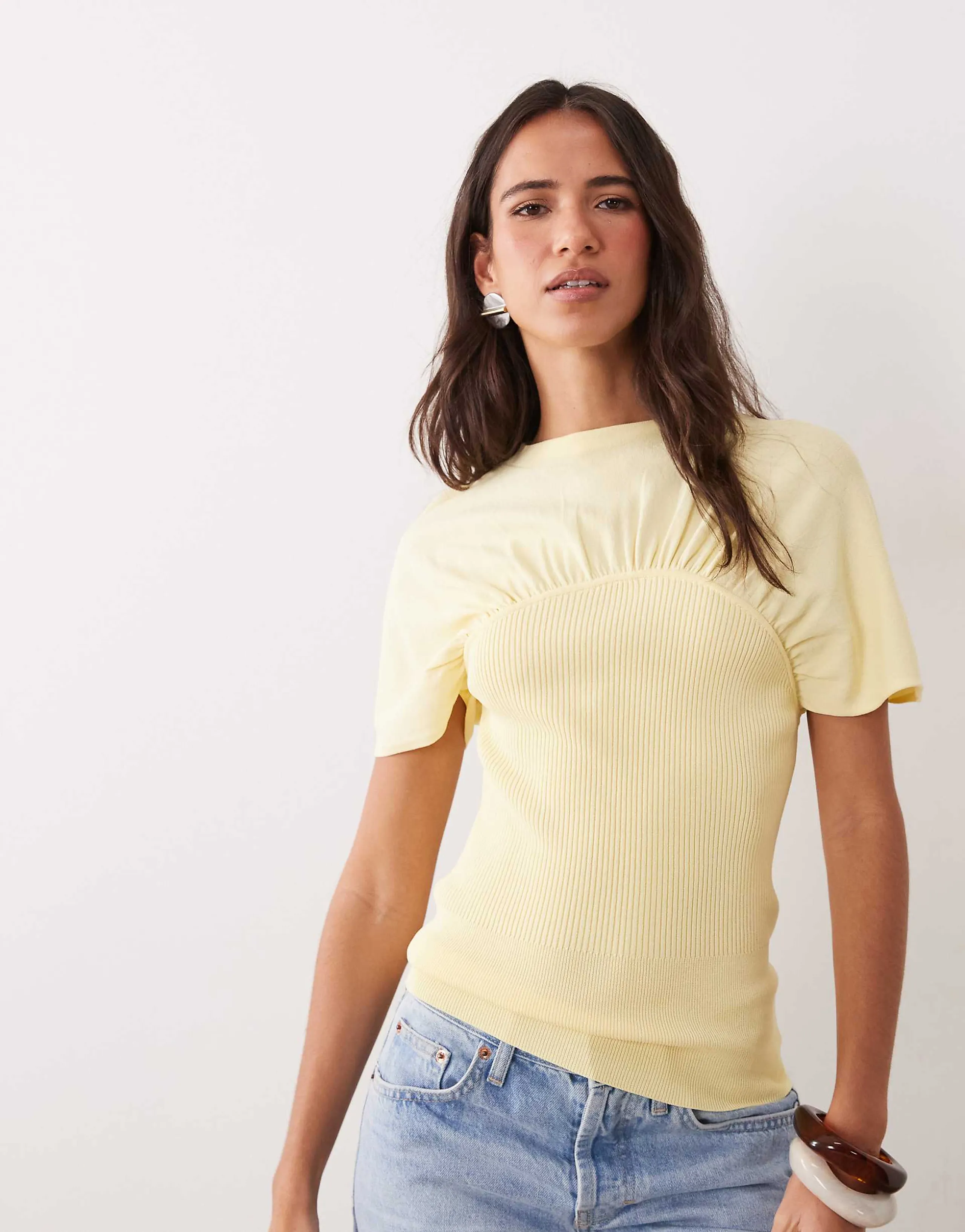 ASOS DESIGN ruched detail fine knit top in buttermilk