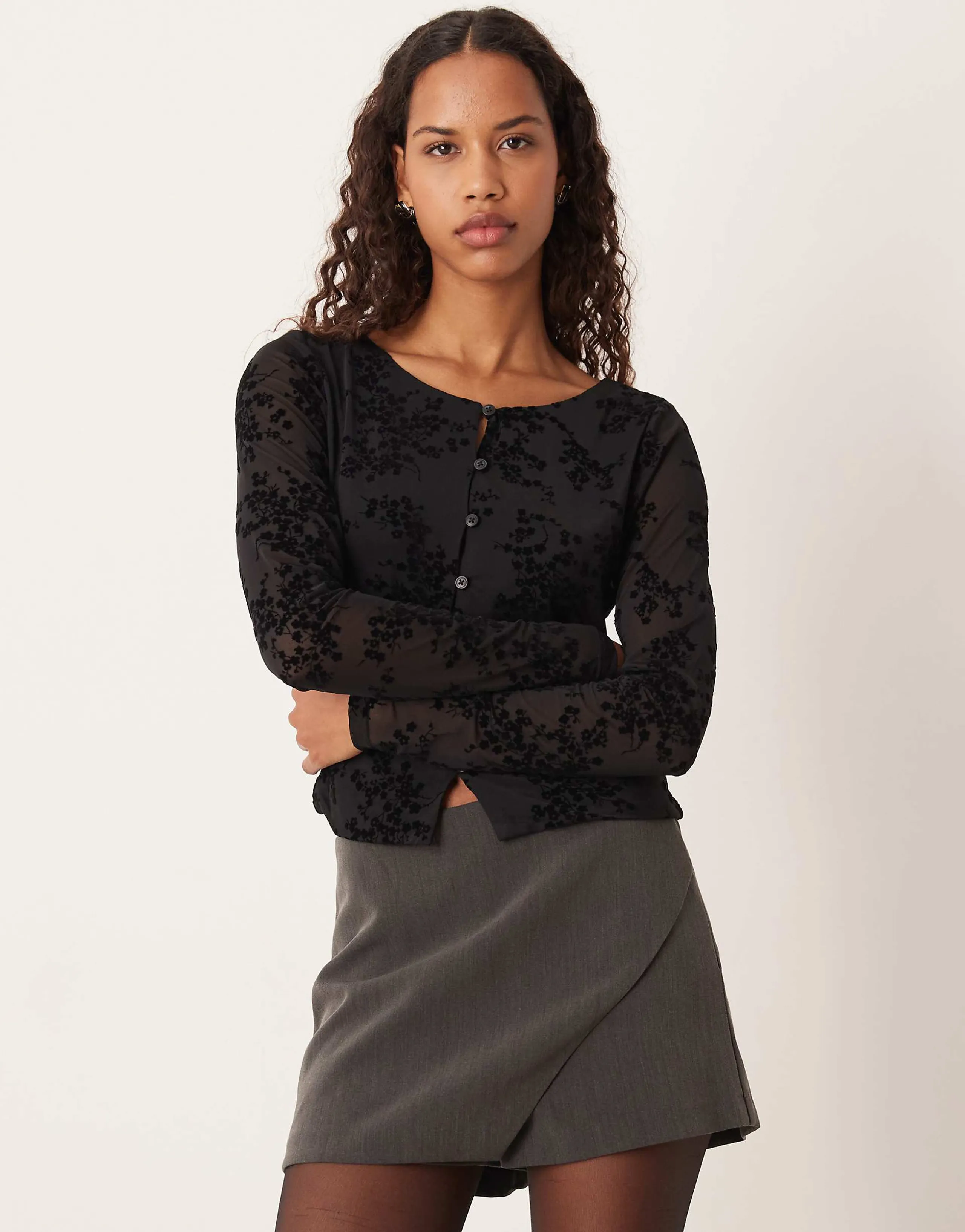 JJXX sheer button down top with velvet details in black