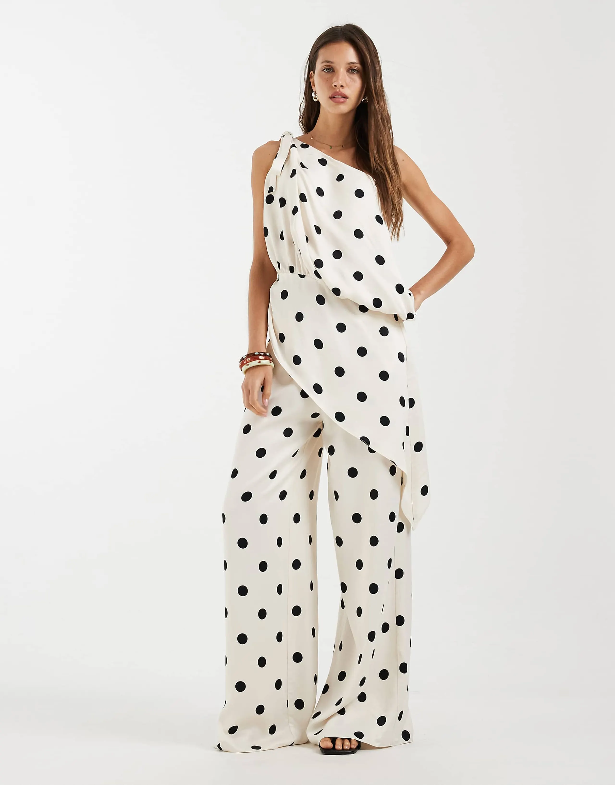 ASOS DESIGN satin wide leg pants in cream polka dots - part of a set
