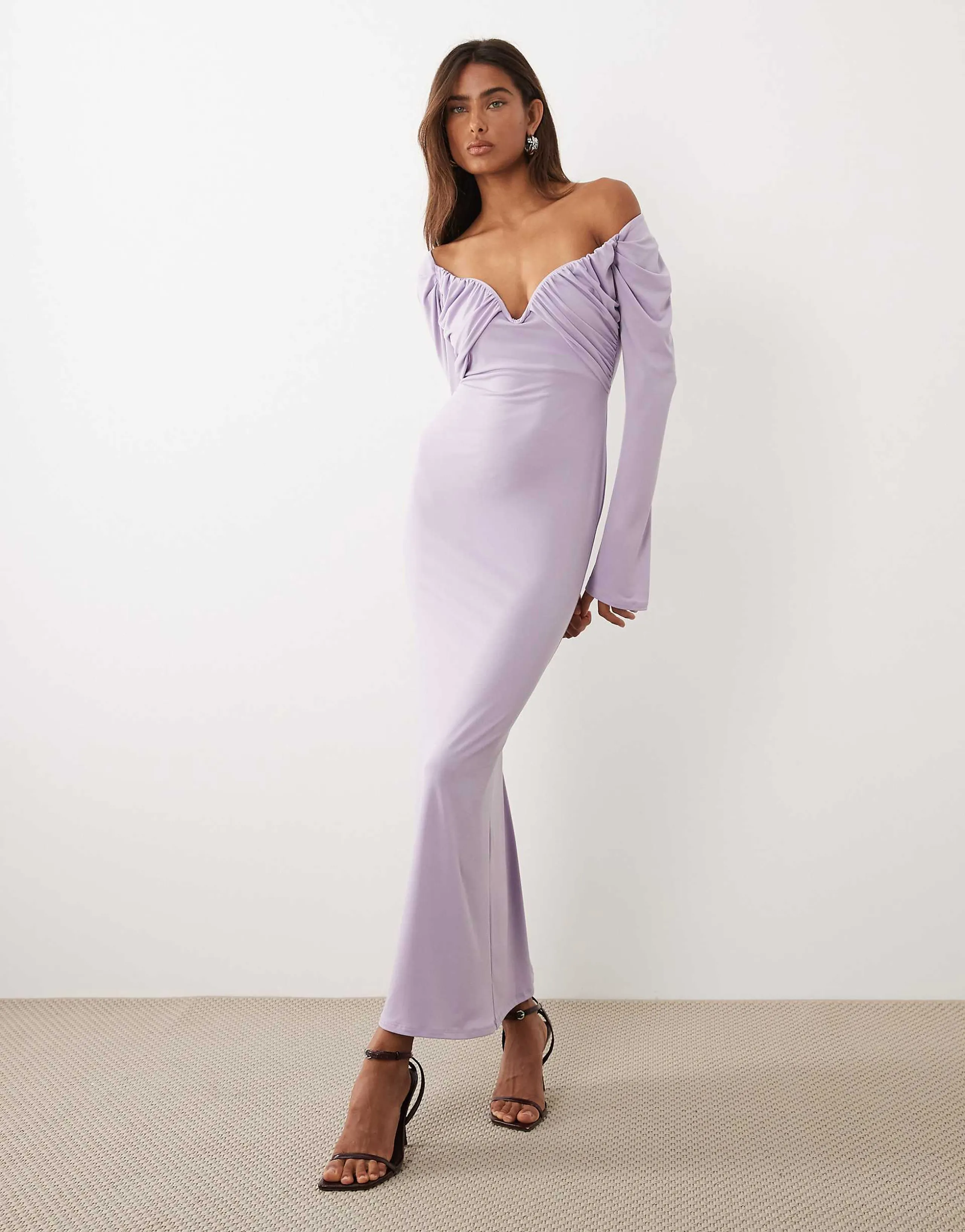 ASOS DESIGN slinky bardot midi dress with wired bust in lilac
