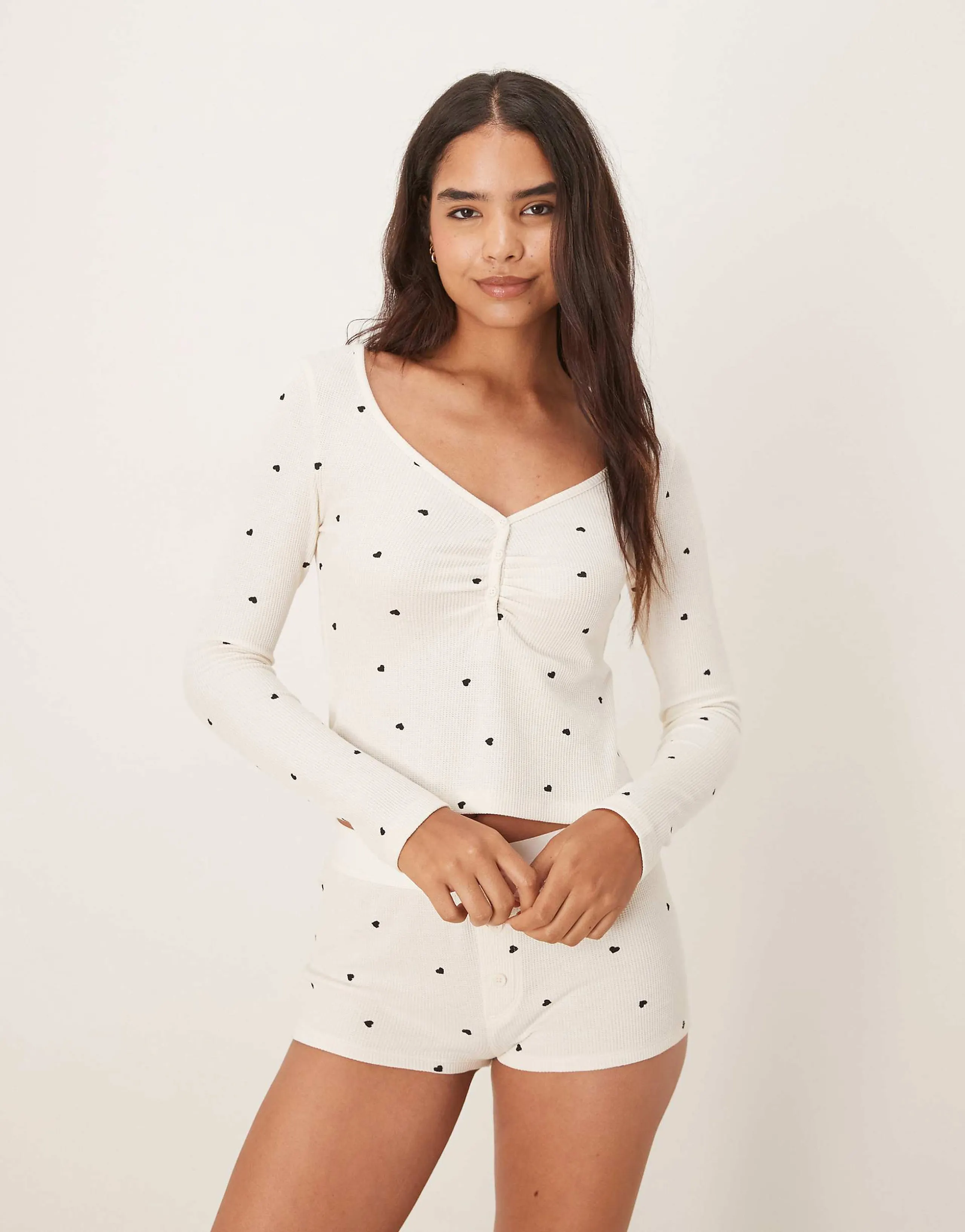 Gina Tricot mix and match loungewear long sleeve pajama Henley top in white with black hearts