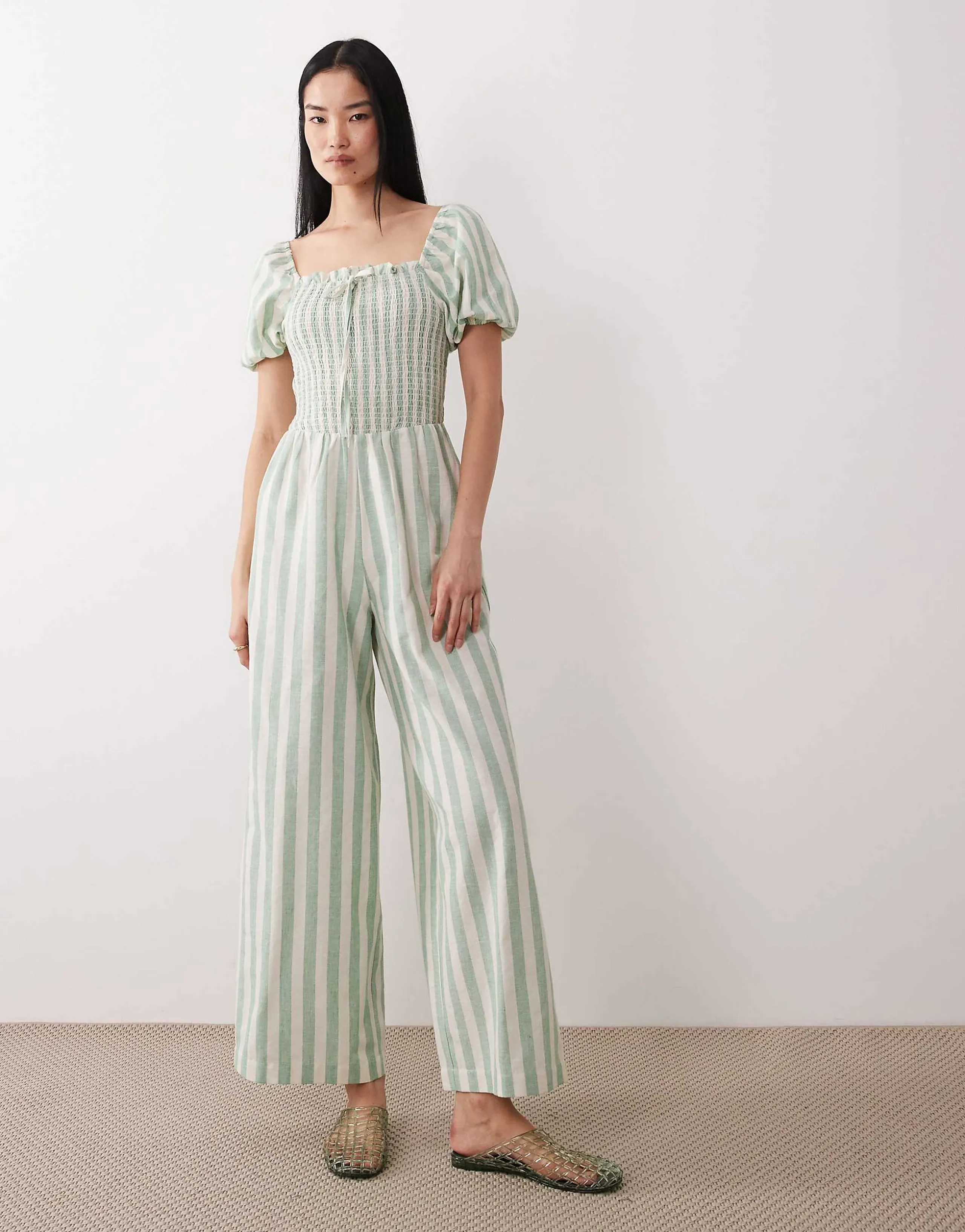 Wednesday's Girl shirred short sleeve cotton blend jumpsuit in green stripes