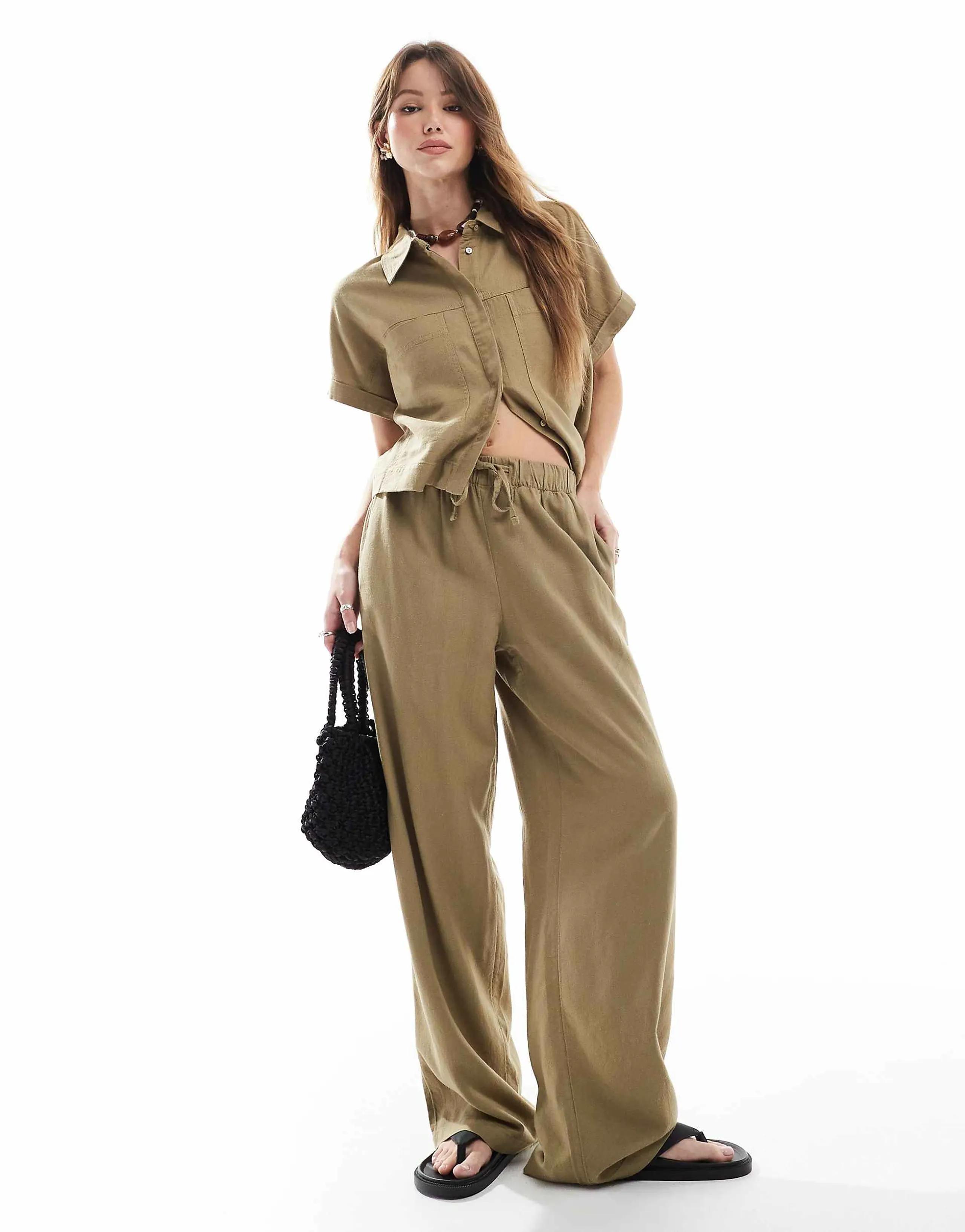 ONLY linen mix pull-on pants in light khaki - part of a set