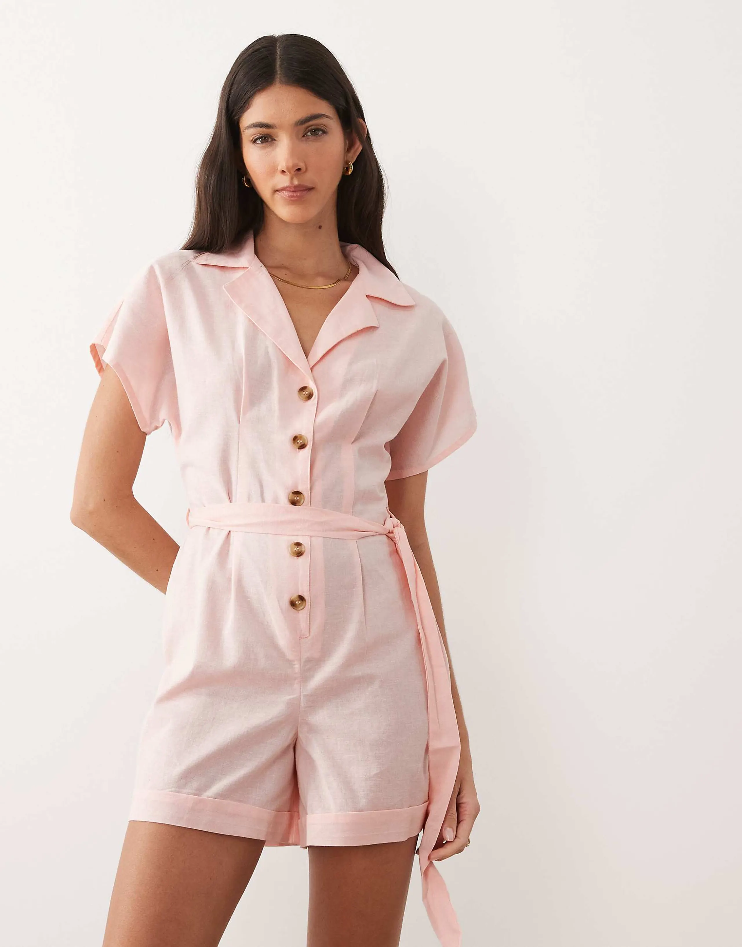Wednesday's Girl short sleeve tie waist romper in light pink