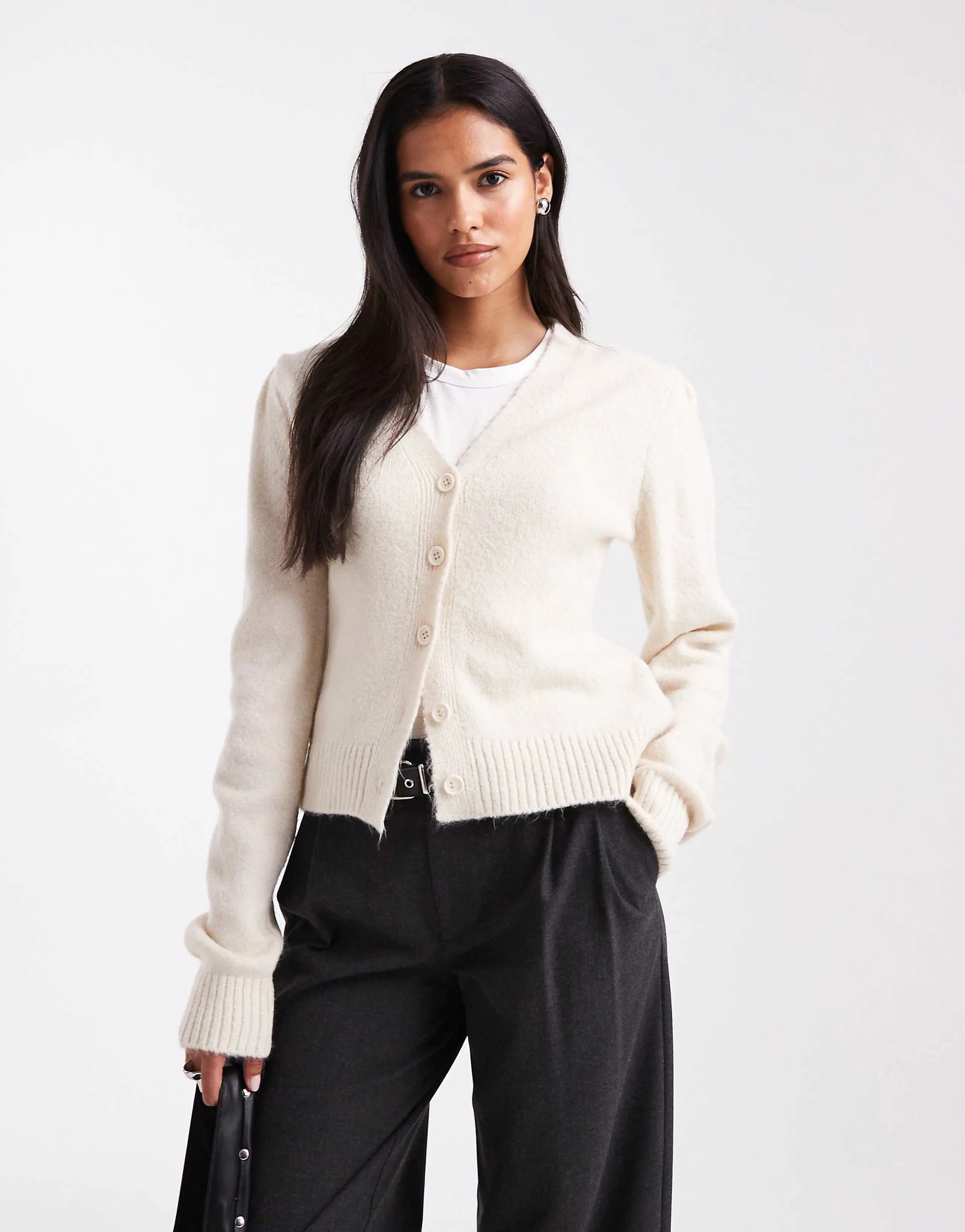 ASOS DESIGN knit cardigan with structured sleeves in ecru